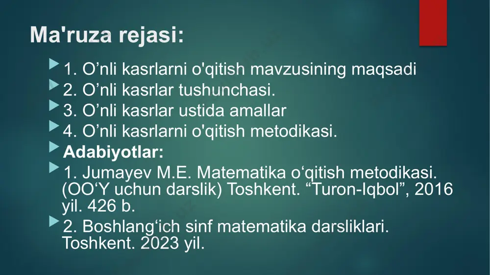 butun" so'zini ayting; - kasr qismini natural son sifatida o'qish, kasr qismining boshidagi nollarga e'tibor bermaslik, kasr qismining oxirgi raqamining xona birligi nomini aytish. o'nli kasrni oddiy kasr sifatida yozish uchun: 1) sonning butun qismini kasrdan oldin yozing; 2) verguldan keyin kelgan kasr qismini suratga yozing va maxrajga 1 va verguldan keyin qancha raqam bo'lsa, shuncha nol yozing. o'nli kasr oddiy kasr kabi o'qiladi. masalan, 7,63 - etti butun yuzdan oltmish uch; 0,1 - nol butun o‘ndan bir; image6.png image7.png image2.png image3.png image4.png image5.png /docprops/thumbnail.jpeg