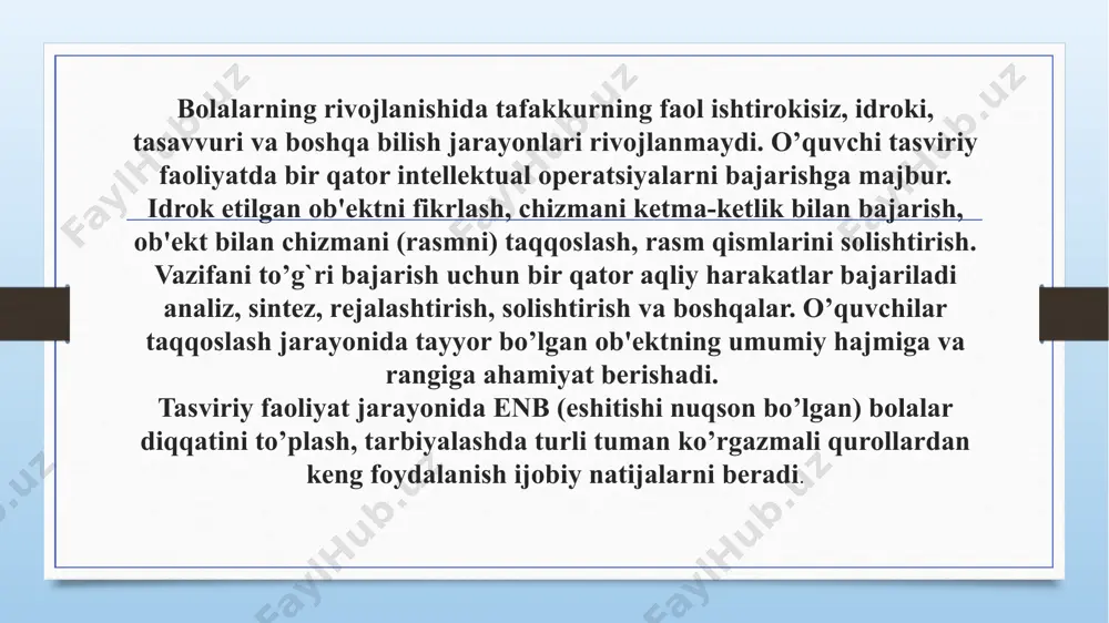 bilan adashtirish shular jumlasidandir. enb bolalar maktabida ta'lim tizimining bosh maqsadlaridan birini yuqoridagi kamchiliklarni bartaraf etgan holda nutqini muloqot quroli sifatida shakllantirishdir. nutqini shakllantirish va nutqini logik idrok eta olishni faqatgina nutq o’stirish darslarida emas, balki har bir darslarda, to’garaklarda lug`at boyligi oshirib boriladi. birinchi sinfda o’quvchilarga qo’yiladigan talab, nutqiy matеrialni og`zaki daktilda talaffuz qilish orqali lug`at boyligi oshiriladi. muloqot malakasini hosil qilish asta-sеkin nutq matеrialini atrofdagi odamlar bilan o’zaro bir-birlarini tushunish uchun zarur. har bir chorak uchun mavzudan kеlib chiqqan holda nutqiy matеrial bеriladi. image7.emf image8.jpg image9.jpg image10.jpg image11.png image3.png image4.png /docprops/thumbnail.jpeg