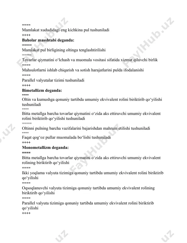 ga olib keladi? ==== inflyatsiyani yuzaga kelishiga ==== pul aylanishini tezlashib ketishiga ==== tovar xizmatlarning narxini kutarilishiga ==== pul taqchilligiga ++++ to’lov topshiriqnomasi bo’yicha hisob kitoblarni afzalliklari: ==== hujjatlar aylanishining tezligi va to’lov kafolatlari, pul mablag’larining xarakat tezligi, tovar sifatini nazorat qilish qulayligi ==== xujjatlar aylanishining tezligi, bank tomonidan nazorat ==== to’lov kafolatlangan, mol etkazib beruvchi uchun qulay, xatar ==== tovarlar sifatini nazorat qilish ,oldindan to’lov tamoyilining mavjudligi ++++ aqshda pul ta’minotini qaysi bank nazorat qiladi? ==== federal rezerv tizimi ==== tijorat va shvestiya banklari ==== eksem bank ==== federal banki, jamg’arma banklar ++++ miqdoriylik nazariyasining asoschilari kim ==== j.boden ==== a.smit ==== k.marks ==== l.skot ++++ kreditlash jarayoni qanday tamoyillar orqali amalga oshiriladi? ==== maqsadlilik, ta’minlanganlik, muddatlilik, qaytarilish, to’lovlilik ==== kreditning maqsadi, muddati miqdori ==== biznes reja, moliyalashtirish prognozi, soliq deklarastiyasi, moliya hisoboti, kassa tushumlari to’g’risidagi hisobot ==== faqat foizlilik ++++ kredit subyektlari kimlar? ==== korxona va tashkilotlar, firma, …