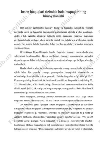 inson huquqlari tizimida bola huquqlarining himoyalanishi — DOC