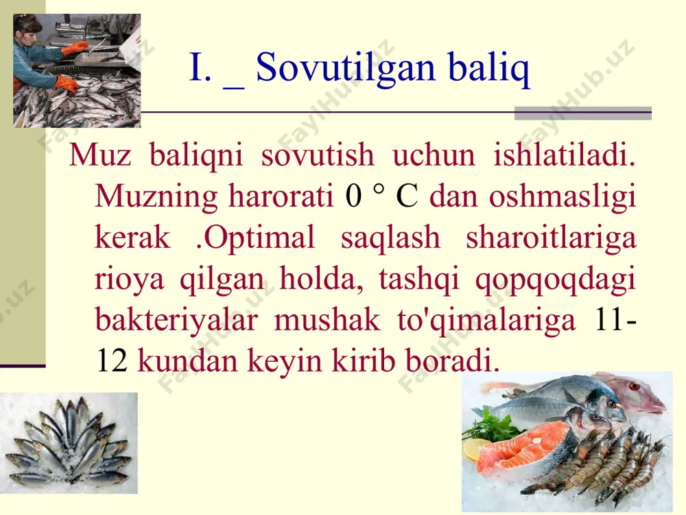 los-oq surtma qoplamasi bilan qoplanadi. baliq yoqimsiz ta'mga va chirigan hidga ega bo'ladi. aerob , sovuq va tuzga chidamli bakteriyalar keltirib chiqaradi . tuzlangan baliqdagi nuqsonlar tuzlangan baliqdagi nuqsonlar ko‘pchilik - bu baliq go'shtining orqa mushaklari hududida qorayishi yoki qizarishi. kasallikning qo'zg'atuvchisi pseudomonas jinsining bakteriyalaridir . bundan tashqari, toksigen bakteriyalar tuzlangan baliqlarda omon qolishi mumkin: salmonellalar, oltin stafilokokklar, clostria botulizmi. e’tiboringiz uchun rahmat!!! image1.jpeg image2.png image3.png image4.png image5.png image6.png image7.png image8.png image9.png image10.wmf oleobject1.bin image11.png image12.png image13.png image14.png image15.wmf oleobject2.bin image16.png image17.png image18.png image19.png image20.png image21.png image22.png image23.png image24.wmf image25.wmf image26.wmf image28.png oleobject3.bin oleobject4.bin oleobject5.bin image27.png image29.png image30.png image31.wmf image32.wmf oleobject6.bin oleobject7.bin image33.png image34.png image35.png image36.png