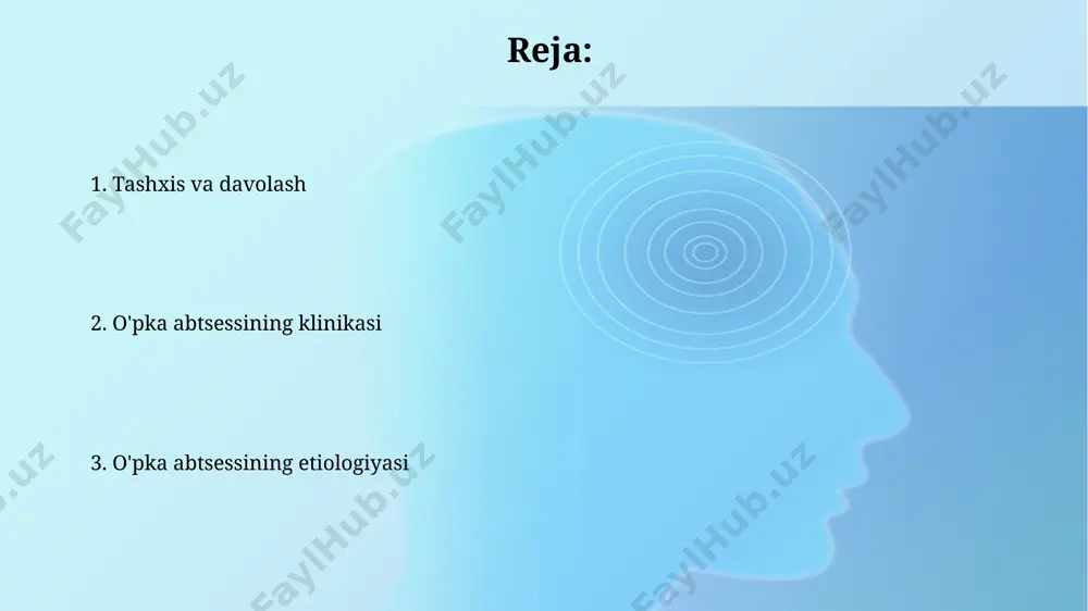ezilarli darajada oshiradi. davolash usullari o'pka abssessi davolashda antibiotiklar, masalan, penitsillinlar, tsefalosporinlar yoki karbapenemlar, 7-14 kun davomida yuqori dozalarda qo'llaniladi, shuningdek, drenajlash uchun torakostomiya yoki perkutane drenaj kabi jarrohlik usullari 5% hollarda samarqanddagi shifoxonalarda qo'llaniladi. davolash rejimi, absessning joylashuvi, kattaligi va bemorning umumiy holatiga bog'liq bo'lib, o'rtacha davolanish muddati 4-8 hafta davom etadi, bu davrda namanganda joylashgan reabilitatsiya markazlarida nafas olish mashqlari va fizioterapiya buyurilishi mumkin. asoratlar o‘pka abstsessining asoratlari orasida 30% hollarda plevrit, ya’ni plevraning yallig‘lanishi kuzatiladi, bu esa ko‘pincha samarqand viloyati shifoxonalarida uchraydi. taxminan 5% hollarda, ayniqsa toshkent shahridagi bemorlarda, o‘pka abstsessi empiema – plevral bo‘shliqqa yiring to‘planishi bilan asoratlanadi, bu jarrohlik aralashuvini talab qilishi mumkin. profilaktika o'pka abssesining oldini olishda og'iz bo'shlig'idagi 30 dan ortiq turdagi bakteriyalarni aniqlash va davolash, ayniqsa, tishlardagi infektsiyalarni bartaraf etish muhim ahamiyatga ega, chunki ularning 70% dan ortig'i samarqand viloyatida o'tkazilgan tadqiqotlarga ko'ra abssessga olib kelishi mumkin. yaxshi gigiena, shu jumladan qo'llarni …