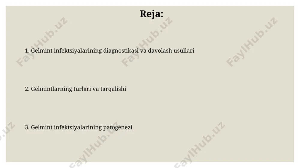vjud bo'lib, ularning 100 ga yaqini odamlarga ta'sir qiladi, masalan, ascaris lumbricoides (dumaloq qurt) butun dunyo bo'ylab, ayniqsa, tropik va subtropik mintaqalarda keng tarqalgan. kelajakdagi istiqbollar kelajakda, dunyo bo'ylab 500 milliondan ortiq odamni qamrab oluvchi gelmint infektsiyalarining oldini olish uchun yangi, samarali dori vositalarini ishlab chiqish va klinik sinovlardan o'tkazish bo'yicha keng ko'lamli tadqiqotlar olib boriladi. 2030 yilga kelib, gelmintologiya sohasida genetik tahlil usullaridan foydalanish orqali 15 turdagi yangi parazit qurtlarni aniqlash va ularning biologiyasini chuqurroq o'rganish kutilmoqda. diagnostika usullari дуоденаль зондлаш, 12 бармоқли ичакнинг контентларини олиш ва уларда гельминтларнинг личинкаларини аниқлаш учун ҳам қўлланилади, бу усул самарқанддаги клиникаларда ҳам учрайди. микроскопия фекал массаларининг 10-15 граммли намунасини текшириш орқали гельминт тухумлари ва личинкаларини аниқлашга имкон беради, бу усул тошкентдаги кўплаб лабораторияларда қўлланилади. gelmintlarning immunologiyasi gelmint infektsiyasiga qarshi immunitet reaksiyasi hujayra vositachiligida ham, hujayrasiz vositachiligida ham bo‘lishi mumkin; masalan, igg antitellarining 30% dan ortig‘i eritreya aholisida aniqlangan. gelmintlar o‘zlarining immunomodulyatsion proteinlari …