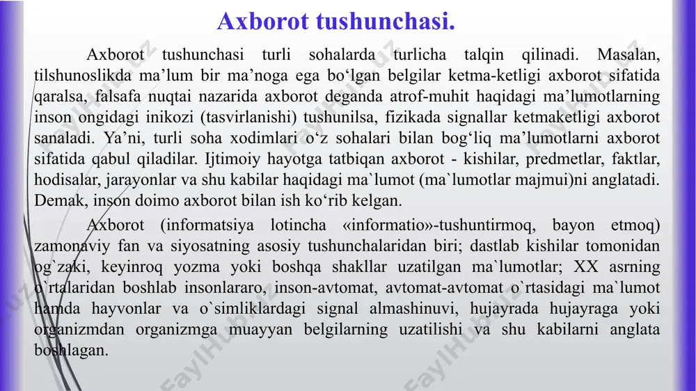 va kompyuter tarmoqlari keng qo‘llanilmoqda. 1 2 3 4 5 6 7 8 9 chiqish axborot tushunchasi: 10 1 diqqat! savol axborot (informatsiya) so‘zining ma’nosini ayting to‘g‘ri javob: axborot (informatsiya) lotincha «informatio»-tushuntirmoq, bayon etmoq asosiy menyu муаллиф: ашуров жасур джураевич 11 2 diqqat! savol ma’lumot – bu …? to‘g‘ri javob: ayni vaqtda foydalanilmayongan, saqlab qo‘yilgan axborotdir asosiy menyu муаллиф: ашуров жасур джураевич 12 3 diqqat! savol axborotning eng kichik o'lchov birligi …? to‘g‘ri javob: bit (bit) - inglizcha “binary digit” so'zlarining qisqartmasi, ikkilik raqam degan ma'noni anglatadi. asosiy menyu муаллиф: ашуров жасур джураевич 13 4 diqqat! savol bir bayt necha bitga teng? to‘g‘ri javob: 8 bit = 1 bayt asosiy menyu муаллиф: ашуров жасур джураевич 14 5 diqqat! savol sun`iy ob`ektlarni yaratishga yunaltirilgan jarayonlarni boshqarishdir. bu … to‘g‘ri javob: texnologiya asosiy menyu муаллиф: ашуров жасур джураевич 0 5 10 15 20 25 30 15 6 diqqat! savol axborot texnologiyasi — …