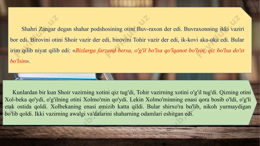 n xolbeka noz uyquda yotib edi, bir tush ko'rdi: chiltanlar va mardon g'oyiblar bir tongda suh-bat qilib o'tirib edi, bir chiltan kelib xolbekaning ruhini olib bordi, bittasi kelib, kuntug'mishning ruhini olib bordi. chiltanlar to'y qilib, xolbekani to'raga topshirdilar. ik-kovi bir-biroviga so'z qotib, xolbeka so'radi: «sen kim-san, joy-manziling qayda, oting kimdir?» to'ra aytdi: «otim kuntug'mish, otamning oti avliyoyi qoraxon, otarn no'g'ayga podsho, no'g'ay to'rasi bo'laman. sen kimsan, oting kimdir, yurting qayerda?» xolbeka aytdi: «otim xolbeka, otamning oti shoir vazir, yurtim shahri zangar-da». ikkovi bir-birovini o'ylab; to'rasining uzugini xolbeka olib qo'liga soldi, xolbekaning uzugini to'ra olib qo'liga soldi. (shu kecha kuntug'mish ham shunday bir tush ko'rdi.) shu ishda ikkovi ham uyg'ondi. to'ra bir oh tortib, bu dardini hech kimga aytolmay, niginga qarasa, boshqa nigin; qog'ozga muhr qilib bossa, xolbekaning oti chiqadi. xolbeka ham uyqudan uyg'onib, to'raning ishqida ilon-day to'lg'anib, aslo orom-qarori qolmadi. bu ham uzugini ko'rsa, o'ziniki emas; qog'ozga bosib ko'rsa, kuntug'mish …