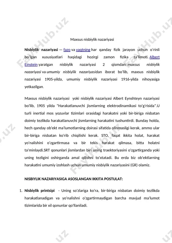 iborat edi. tashqi kuzatuvchi uchun poezd yonidan o'tib ketganda, bu ikkala voqea bir vaqtning o'zida sodir bo'ladi, ammo poezdning markazida joylashgan kuzatuvchi uchun bu voqealar turli vaqtlarda yuz berganga o'xshaydi, chunki mashinaning boshidan yorug'lik miltillashi uning boshidan oldinroq keladi (doimiylik tufayli) yorug'lik tezligi) shundan kelib chiqib, u voqealar bir-biriga o'xshashligi to'g'risida juda jasur va uzoq xulosaga keldi. u ushbu eksperimentlar asosida olingan hisob-kitoblarni harakatlanuvchi jismlarning elektrodinamikasi bo'yicha ishida hisoblab chiqdi. bunday holda, harakatlanuvchi kuzatuvchi uchun bu impulslardan biri boshqasiga qaraganda ko'proq energiya oladi. bir inertial mos yozuvlar tizimidan ikkinchisiga o'tish paytida bunday vaziyatda impulsning saqlanish qonuni buzilmasligi uchun ob'ekt bir vaqtning o'zida energiya yo'qotishi va massasini yo'qotishi kerak edi. shunday qilib, eynshteyn massa va energiya e \u003d mc 2 o'rtasidagi munosabatni tavsiflovchi formulaga keldi - bu hozirgi paytda eng mashhur fizik formuladir. ushbu tajriba natijalarini u o'sha yilning oxirida e'lon qildi. (referatlar.uz) asosiy postulatlar yorug'lik tezligining doimiyligi - 1907 yilga …