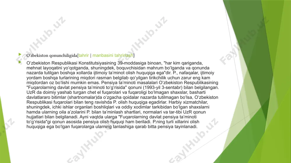 hun muro-jaat qilinsa, pensiya tayinlanmaydi. mehnatga qobiliyatsiz, yaʼni 60 va 55 yoshga kirgan yoki nogiron boʻlgan buva va buvilar, agar qonunga muvo-fiq, ularni boqishi shart boʻlgan kishilari boʻlmasa, boquvchisini yoʻqotganlik pensiyasini olish huquqiga ega boʻladilar. o‘zbekiston prezidenti 1 apreldan pensiyalar, 1 maydan boshlab esa davlat xizmatchilarining ish haqi va bazaviy hisoblash miqdorini oshirish to‘g‘risidagi qarorni imzoladi. o‘sish o‘rtacha 7% ni tashkil qiladi. pensiyani hisoblashning bazaviy miqdori 347 ming so‘m (hozir — 324 ming), yoshga doir eng kam pensiya miqdori 677 ming so‘m (633 ming), nogironlik pensiyalari, jumladan, ish staji to‘liq bo‘lmagan chog‘dagi nogironlik pensiyasining eng kam miqdori (shuningdek, mehnatga layoqatsiz fuqarolarga beriladigan nogironlik nafaqasi va bolalikdan nogironligi bo‘lgan shaxslarga beriladigan nafaqa miqdori) — 747 ming (698 ming)ni tashkil eta 2022-yilning 1-yanvar holatiga oʻzbekiston respublikasida pensiya va nafaqa oluvchi shaxslar soni 4,3 million nafarni tashkil etgan. yillar kesimida pensiya va nafaqa oluvchi shaxslar soni: 2016- yilda – 3,3 mln. nafar 2017- …