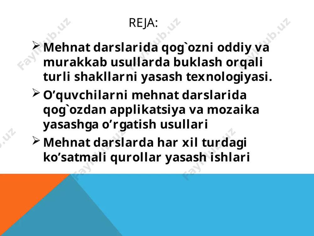 a hamda bajarilgan ishlarning to‘g`riligiga ishonch hosil qilmagunlaricha o‘quvchilardan ishni qabul qilmaslik lozim. qog`ozni buklash usullari. qog`ozni teng ikkiga buklash uchun qog`oz stol yoki parta ustiga qo‘yiiladi va o‘ng hamda chap qo‘li bilan qog`ozni uziga yakin turgan tomonining ikki uchidan ushlab, uni pastki uchlari bilan tenglashtiriladi. bunda qog`ozning uchlarining qirrasi bir- biriga to‘g‘ri tushishi kerak. ana shundagina qog`oz qo‘l bilan tekislanib, uning bukilgan chizig‘i ustidan tirnok bosib yurgiziladi. qog`ozni bukilgan joyidan yirtish. qog`ozni yirtishdan oldin, avval ehtiyotlik bilan ochiladi, uning bir tomoni o‘ng qo‘l bilan bosilib, chap qo‘l bilan bukilgan chiziqdan sekin yirtiladi, bukilgan chiziq ustiga chizgichni qo‘yib, xam qog`ozni yirtish mumkin. qog`oz va karton bilan ishlash darslarining asosiy xususiyati shundaki, bu darsda buyumlarning umumiy ko‘rinishidagi yig`ma, chizma va buyumning namunasi yoki faqat texnikaviy rasm va chizmalardan foydalaniladi. o‘qituvchi o‘quvchilarning yig`ma chizmani o‘qishga, chizma va namunadan barcha detallarni, ularning o‘lchamini aniqlash va har qaysi detalni mustaqil belgilab olishga o‘rgatadi. o‘qituvchi …