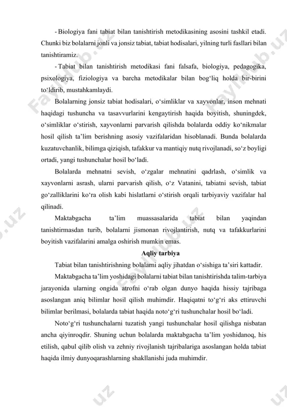 inroqdir. shuning uchun bolalarda maktabgacha ta’lim yoshidanoq, his etilish, qabul qilib olish va zehniy rivojlanish tajribalariga asoslangan holda tabiat haqida ilmiy dunyoqarashlarning shakllanishi juda muhimdir. fikirlash faqat idrok qilish bilan bog‘langan so‘zlar yordamida hosil qilinish i.p.pavlov ta’limotiga ko‘ra, insonning tabiatdagi narsa va hodisalardan olayotgan ta’siri birinchi signal sistemasini, ularni ifodalovchi so‘z esa, ikkinchi signal sistemasini hosil qiladi. bilishning hissiy tomoni birinchi signal sistemasi bilan bog‘liq, bu ko‘rgazmali, obrazli tafakkurga asoslangan bo‘lib, miya po‘stlogidagi muvaffaqiyatli bog‘lanishni o‘z ichiga oladi, ya’ni tashqi dunyodagi narsa va hodisalarni sezishda, idrok qilishda va tasavvurda bevosita aks etadi. bilimning ratsional tomoni, abstrakt tafakkur, ya’ni tushunchalarning hosil bo‘lish jarayoni ikkinchi signal sistemasi bilan bog‘liqdir. ikkinchi signal sistemasi tashqi dunyo bilan faqat birinchi signal sistemasi orqali aloqa olib boradi, shuning uchun tafakkur sezgi va idroksiz bo‘lish, biron narsa haqida aniq tasavvurga ega bo‘lmay turib tushuncha hosil qilinishi mumkin emas. “hissiy bilimning fiziologik asosi — ko‘rish, eshitish, hid bilish, …