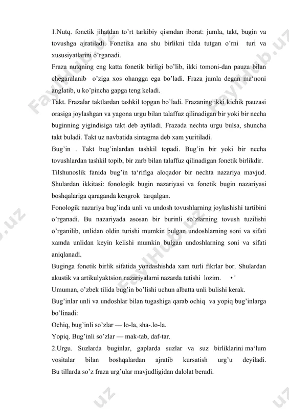 bu tillarda so’z fraza urg’ular mavjudligidan dalolat beradi. ma‘no urg’usi. vir mustaqil so’zni yoki unga bog’lanib kelgan bir yoki bir necha yordamchi so’zlar guruhini boshqalardan ajratib ko’rsatish demakdir. so’z urg’usi. so’zdagi burinlarning birini boshqasiga nisbatan ajratib kursatishdir. bu ikki urg’u turlari o’zbek tiliga va uning o’z xususiyatlariga to’g’ri keladi. umumiy tilshunoslikda urg’u o’rniga ko’ra: turg’un urg’uli tillar va erkin urg’uli tillarga farqlanadi. turg’un urg’uli tillarda urgu doimo so’zning ma‘lum bir bug’iniga tushadi. o’zbek va frantsuz tillarida urg’u doimo oxirgi bug’inga (buni o’ylab qurish lozim) polyak, venger, chex, lotin tillarida hamma vaqt birinchi bug’inga tushadi. erkin urg’uli tillarda urg’u so’zning qaysi bug’inga tushishini oldindan bilish mumkin emas. bunday tillarda urgu so’zning har xil burinlariga tushishi mumkin. urg’u boshqa tillardagi kabi o’zbek tilida ham so’z ma‘nosini farqlashda xizmat qiladi: olma, olma, yangi, yangi. 3.transkriptsiya nima? bu termin ikki xil ma‘noda ishlatiladi:keng ma‘noda atokli, geografik, tarixiy va boshqa nomlarning ma‘lum bir qoida asosida …