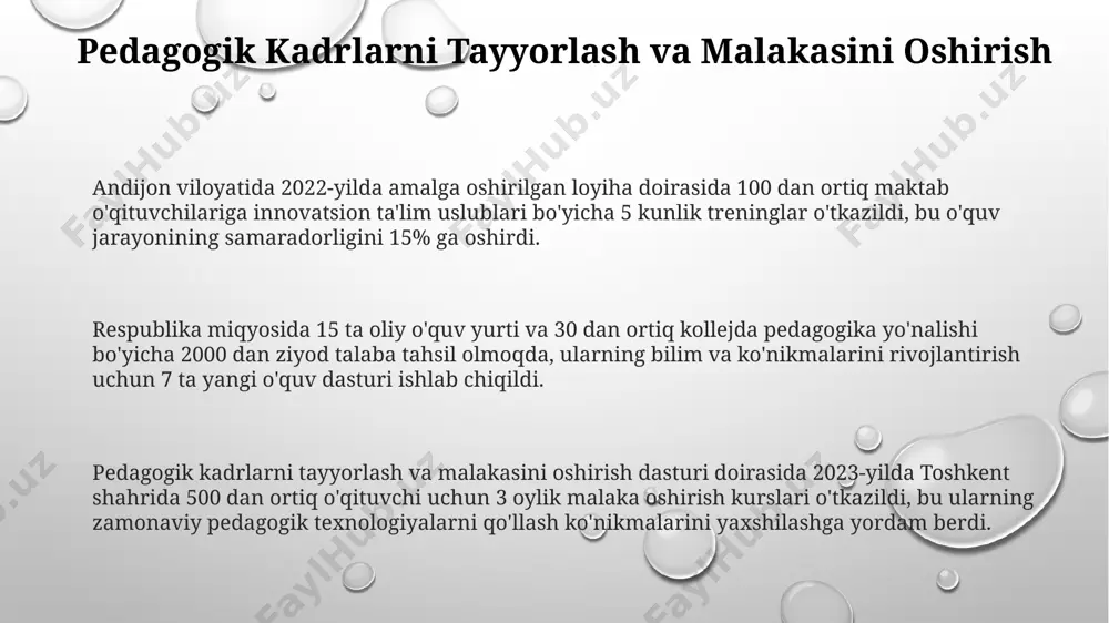 da kamida 10 ta ko'rsatkich tahalil qilinadi, shu jumladan toshkent shahridagi o'quv markazlarida. birinchi qadam dasturida 7 ta yo'nalish bo'yicha ta'lim faoliyati tashkil etilgan bo'lib, har bir yo'nalishga o'rtacha 250 soat ajratilgan, qolaversa, andijon viloyatida qo'shimcha resurslar jalb qilingan. baholash va monitoring tizimi "baholash va monitoring tizimi" ning samaradorligini oshirish maqsadida, 2023-yil uchun 15 ta viloyatda qo'shimcha 50 ta maktabni jalb qilish rejalashtirilgan bo'lib, bu 2500 dan ortiq o'quvchini qamrab oladi. "baholash va monitoring tizimi" orqali olingan ma'lumotlarga ko'ra, samarqand viloyatidagi 3 ta maktabda o'quv jarayonining 15% ga yaxshilanishi kuzatildi, bu esa darslarning sifatini oshirishga yordam beradi. "baholash va monitoring tizimi" toshkent shahridagi 5 ta maktabda 2022-yilda 1000 dan ortiq o'quvchilarni qamrab olgan holda sinovdan o'tkazildi va natijalar 30% ga yaxshilanishni ko'rsatdi. dasturning kelajakdagi rejalari dasturning samarqanddagi filiali 2024-yilda 150 nafar ishtirokchiga, shu jumladan 30 nafar qizga, it sohasida karerasini rivojlantirishga yordam beradigan maxsus treninglarni o'tkazishni rejalashtirmoqda. “kelajakdagi rejalar”ning buxoro …