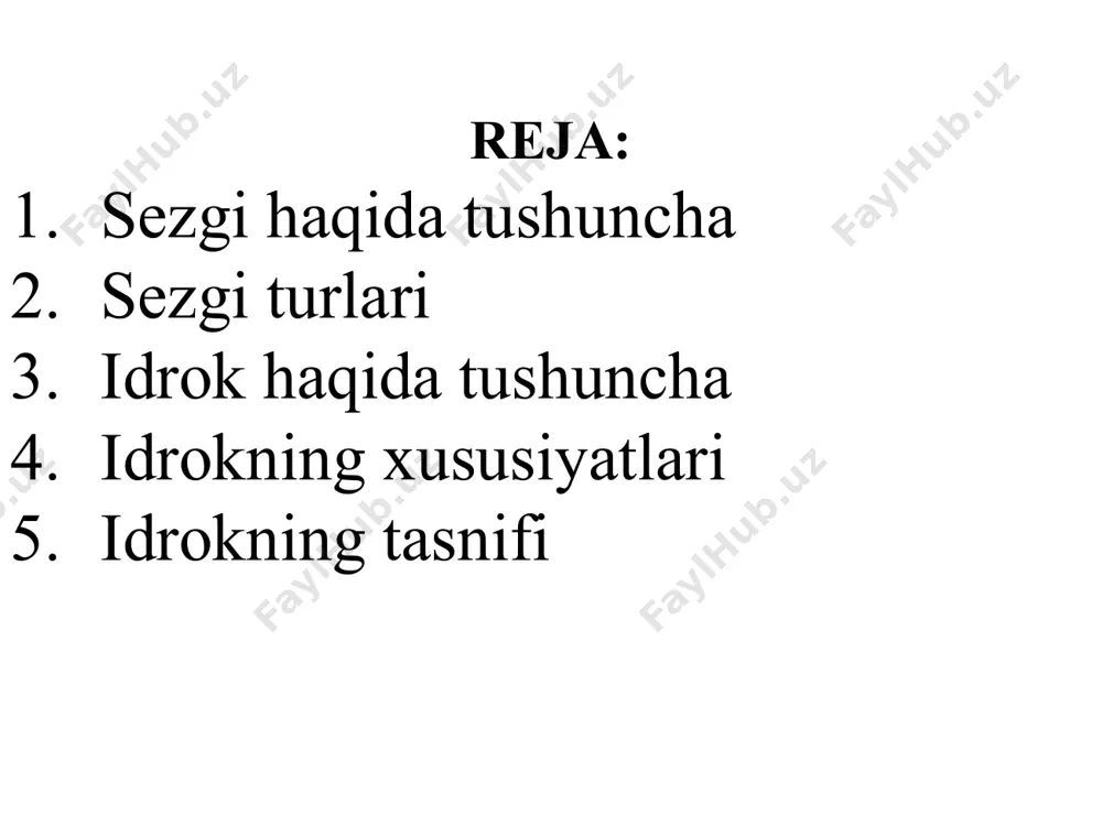 deb sezgi a'zolariga bevosita ta'sir etib turgan narsa-hodisalar obrazlarini kishi ongida bir butun holda aks ettirilishiga aytiladi. sezgi ham oddiy psixologik jarayon bo’lgani bilan uning yuzaga kelishi o’z-o’zidan hosil bo’lmaydi. ular jumlasiga quyidagilar kiradi: sezgi a'zolariga ta'sir etadigan narsa va hodisaning bo’lishi. sezuvchi apparat, ya'ni analizatorning mavjud bo’lishi. masalan, havoning sovuqligini, temirning qattiqligini, qorning yumshoqligi va boshqalarni sezamiz. sezgi idrok bilan bog’liq bo’ladi, lekin narsa va hodisani idrok qilishdan oldin uni sezish lozim, shu bois sezgilar materiyaning sezgi a'zolarimizga ta'siri natijasidir. sezgi axborotlarini qabul qilib, tanlab, to’plab, har bir sekundda axborotlar oqimini qabul qilib va qayta ishlab miyaga yetkazib beradi. natijada tevarak - atrofdagi tashqi olamni va organizm o’z ichki holatini adekvat "mos" aks ettirishi hosil bo’ladi. sezgi a'zolari tashqi olamning inson ongiga olib kiradigan yo’llaridan biridir. sezgilarning nerv - fiziologik asoslari ma'lumki, sezgilar faqatgina tashqi ta'sirlar natijasida hosil bo’lmay, balki organizmning ichki holatida ham amalga oshiriladi. sezgi nerv tizimining …