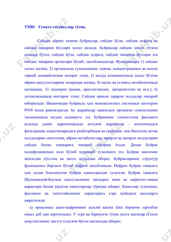 гиз моддадан иборат. буйракларнинг структур функционал бирлиги бўлиб нефрон ҳисобланади. нефрон буйрак танасига ҳам ундан бошланувчи буйрак каналларидан тузилган. буйрак танасига шумлянский-боумен капсуласининг висцерал ​ички ва париетал-ташқи варақлари билан ўралган капиллярлар тўридан иборат. каналлар тузилиши, фаолияти ва эпителийсининг характерига кзра қуйидаги қисмларга ажратилади: а) проксимал қисм-нефроннинг асосий қисми (ёки биринчи тартибли канал деб ҳам юритилади). у эгри ва бирмунча тўғри калта қисмлар (генле қовузлогининг пастга тушувчи йўғон қисми)дан иборат; б) ингичка қисм: - генле қовузлоғининг ингичка тушувчи, ва ингичка кўтарилувчи қисмлари. в) дистал қисм: - генле қовузлоғининг кўтарилувчи йўғон қисми ва иккинчи тартибли эгри канал. дистал қисми энгри канал мағиз нурининг йиғувчи найлар системасига қуйилади. йиғувчи найлар нефрон билан функционал боғлиқ бўлсада, улар нефрон таркибига кирмайди. чунки йиғувчи найлар нефрон каби нефроген тўқимадан эмас, балки сийдик ажратиш эпителийси билан биргалиқла мезонефрал найдан ривожланади. етук ёшдаги одамнинг хар бир буйрагида 1 милн дан ортиқ нефрон бўлиб, уларнинг тахминан 80 фоиз пўстлоқ …