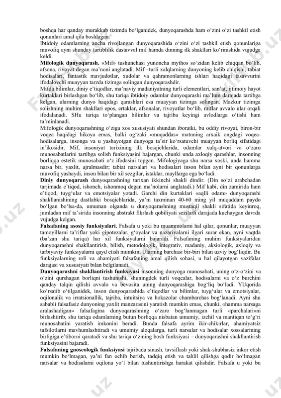 bo‘lib, muttasil o‘zgarish jarayonini boshdan kechiradi, qoniqarli javoblarga ega bo‘lmagan savollar esa, uzil-kesil javob berish mumkin bo‘lgan savollarga qaraganda, ko‘proqdir. shu bois, muammolarga nisbatan muayyan tarzda yondashadigan har bir odamning dunyoqarashi, savollari va javoblari doim shaxsiy o‘ziga xoslik bilan ajralib turadi va hech bo‘lmasa shu sababga ko‘ra boshqa odamlar dunyoqarashiga hech qachon o‘xshamaydi. dunyoqarashning intellektual, emotsional va ruhiy asoslarning uzviy bog‘liqligi va ularning jamuljam holda har bir inson uchun mutlaqo muayyan, individual xususiyatlar sifatida amal qilishidir. intellektual, emotsional va ruhiy asoslar iroda bilan uyg‘unlikda e’tiqodlar – odamlar faol qabul qiladigan, ularning ong darajasi va hayotdagi mo‘ljallariga mos keladigan qarashlarni yuzaga keltiradi. dunyoqarashning muhim elementi shubha bo‘lib, u dunyoqarashni dogmatizm, ya’ni biryoqlama, notanqidiy fikrlash, u yoki bu qoidani shak-shubhasiz haqiqat deb qabul qilishdan asraydi. dogmatizmning qarama-karshisi skeptitsizm bo‘lib, bunda shubha mutlaqlashadi, fikrlashning asosiy omiliga aylanadi, bilish va borliqni idrok etishning bosh tamoyili sifatida amal qiladi. dunyoqarashning tarixiy shakllari. turli davrlar bilishni …