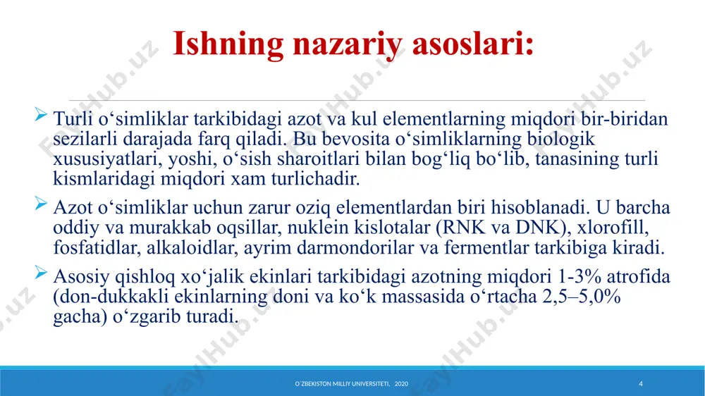 zotning miqdori, %; a - kalibr egri chizig’idan olingan azot miqdori, mg; w1 -tahlil qilinayotgan eritmaning yalpi hajmi, ml; w2 - bo’yalgan eritma hajmi, ml; v -bo’yash uchun olingan so’rim hajmi, ml; t - o’simlik tortimi, g; 100 va 1000-% va g larga aylantirish koeffistienti. o`zbekiston milliy universiteti, 2020 15 fosfor miqdorini aniqlash kerakli reaktivlar 1. suyultirilgan sulfat kislota, zichligi 1,84 bо‘lgan konsentrlangan sulfat 10 ml kislota 700 ml suvda 150 ml hisobida eritilib 1l hajmga yetkaziladi. 2. kislotali muhitdagi ammoniy molibdati 20 g ammoniy molibdat tuzi distillangan suvda eritilib, hajmi 1l ga yetkaziladi 3. qalay xlorid eritmasi 2 g qalay xlorid 30-40 ml konsentrlangan vodorid xloridda suv hammomida quriguncha qizdiriladi. qoldiq 10 ml suyultirilgan sulfat kislota bilan eritiladi. bu 20%li qalay xlorid eritmasi 1-2 oy saqlanadi. 1%li eritma tayyorlash uchun 1 ml 20% kalay xlorid eritmasi 5 ml suyultirilgan sulfat kislota bilan qо‘shilib, 20 ml hajmga distillangan suv bilan …
