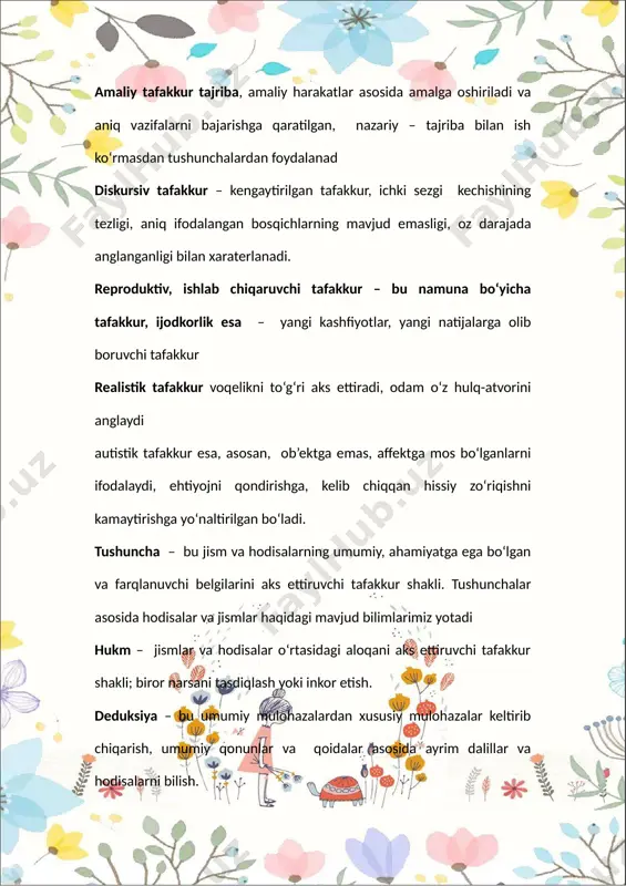 ur shakli. tushunchalar asosida hodisalar va jismlar haqidagi mavjud bilimlarimiz yotadi hukm – jismlar va hodisalar o‘rtasidagi aloqani aks ettiruvchi tafakkur shakli; biror narsani tasdiqlash yoki inkor etish. deduksiya – bu umumiy mulohazalardan xususiy mulohazalar keltirib chiqarish, umumiy qonunlar va qoidalar asosida ayrim dalillar va hodisalarni bilish. taqqoslash – bu jism va hodisalar, yoki ularning alohida belgilari o‘rtasidagi o‘xshashlik yoki farqlarni aniqlash. taqqoslash bir tomonlama (chala) va ko‘p tomonlama (to‘liq); yuzaki va chuqur; bevosita va vositali bo‘lishi mumkin umumlashtirish – jism va hodisalarni ularning umumiy va ahamiyatli belgilari bo‘yicha fikran birlashtirish. masalan, olma, nok, olxo‘ri, o‘rik va h.k.lardagi o‘xshash belgilar «mevalar» so‘zi bilan ifodalanadigan yagona tushunchada namoyon bo‘ladi abstraksiya – bu jism va hodisalarning muhim bo‘lgan xossa va belgilarini fikran ajratib, bir vaqtning o‘zida ahamiyatsiz belgilar va xossalardan ayro holatda ko‘rsatish add text here please �