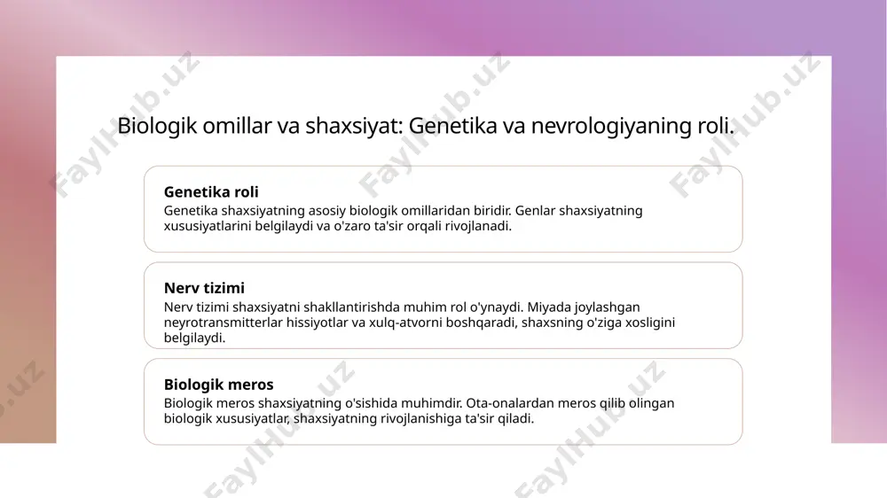 aydi. 02 o'zaro ta'sirlar madaniyat va shaxsiyat o'rtasidagi o'zaro ta'sirlar shaxsning ijtimoiy hayotida sezilarli ta'sir ko'rsatadi, shuningdek, shaxsiy farqlarni belgilaydi. 03 madaniyatning roli har bir madaniyat o'ziga xos shaxsiyat turlarini rivojlantiradi. mahalliy an'analar va qadriyatlar shaxsning o'ziga xosligini belgilaydi. 04 o'zgarish jarayoni madaniyatlar o'zgarishi bilan shaxsiyat ham rivojlanadi. globalizatsiya shaxsiy o'zgarishlarga olib keladi va yangi madaniy elementlarni kiritadi. o'zbek madaniyatida shaxsiyatning evolyutsion o'zgarishlari. 1 o'zbek an'analari o'zbek madaniyatida an'analar shaxsiyatni rivojlantirishda muhim rol o'ynaydi, ularni tarbiyalash va ijtimoiy munosabatlar orqali shakllantiradi. 2 milliy qadriyatlar o'zbeklarning milliy qadriyatlari, masalan, mehmondo'stlik va oila ahamiyati, shaxsiyatning evolyutsion jarayoniga kuchli ta'sir ko'rsatadi. 3 tarixiy o'zgarishlar o'zbek madaniyati tarixiy jarayonlar, jumladan, mustamlakachilik va mustaqillik davrlarida shaxsiyatning rivojlanishiga sezilarli ta'sir ko'rsatgan. 4 zamonaviy ta'sirlar globalizatsiya va texnologik taraqqiyot o'zbek shaxsiyatini yangilash, ko'plab yangi xususiyatlar va qiyofalar kiritishda muhim ahamiyat kasb etadi. madaniyat ta'siri: shaxsiyatni shakllantiruvchi omillar. 1 madaniyat va shaxsiyat madaniyat shaxsiyatni shakllantirishda muhim rol o'ynaydi, …