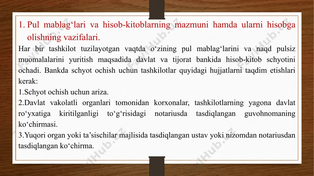 i pul mablag‘larining hisobga olinishi buxgalteriya hisobining 9-sonli bhmaga asosan tartibga solinadi. korxonaga tegishli pulning bank tomonidan belgilangan uncha katta bo‘lmagan miqdoridagi qismi naqd pul sifatida kassada saqlanadi. hisob-kitob schyotidan kassaga olingan pul ishchi-xizmatchilarga ish haqi, mukofot to‘lash, nafaqa berish, xizmat safari xarajatlarini qoplash va boshqa maqsadlar uchun sarflanadi. bankdan olingan mablag‘lar belgilangan maqsadlar uchun sarflanishi lozim. kassaga pul topshirilayotgan paytda ko–1 shakldagi kirim kassa orderi rasmiylashtiriladi. pulning kassadan berilishi ko–2 shakldagi chiqim kassa orderi bilan rasmiylashtiriladi. kassadan pul ish haqi, mukofot, nafaqa, stipendiyalar berilganda «to‘lov vedomosti»da rasmiylashtiriladi agarda xodimlar ushbu pullarni o‘z vaqtida (ya’ni 3 kun ichida), olmasa, ular deponentga o‘tkaziladi. kassa muomalalari buxgalteriya hisobida quyidagi schyotlarda aks ettiriladi: 5010-«milliy valutadagi pul mablag‘lari». 5020-«xorijiy valutadagi pul mablag‘lari». ushbu schyotlarning debet tomonida korxona kassasiga pul mablag‘larining kirimi aks ettiriladi. kredit tomonida korxona kassasidan to‘lanadigan pul mablag‘lari va limitdan ortiqcha pullarni bankka topshirish aks ettiriladi. kassa muomalalarining hisobga olinishi quyidagi misollarda …