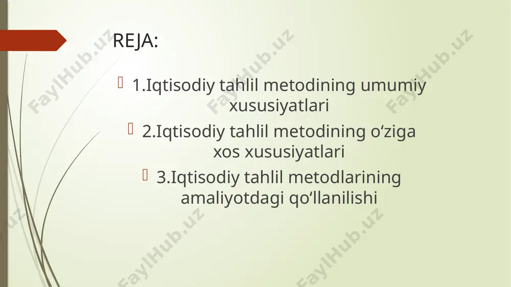 g asl sabablari ochib beriladi. tushuncha: o‘zgaruvchanlik — bu iqtisodiy ko‘rsatkichlarning vaqt, omillar yoki sharoitlarga qarab o‘zgarishi. omillarga bog‘liqlik — bu bir ko‘rsatkichning boshqasiga qanchalik bog‘liq ekanligini aniqlash. bog‘liqlik turlari: korrelyatsion bog‘liqlik — ikki o‘zgaruvchining qanday darajada birga harakat qilishini o‘rganadi. masalan: ishchilar soni ↔ ishlab chiqarish hajmi sabab-oqibat bog‘liqligi — bitta omil natijaga bevosita ta’sir ko‘rsatadi. masalan: xomashyo narxi oshishi → tannarx oshadi ko‘p omilli tahlil (regressiya) — bir nechta omillarning bir natijaga qanday ta’sir qilishi o‘rganiladi. masalan: ish haqi, elektr energiyasi, xomashyo narxi → mahsulot tannarxi asosiy g‘oya: iqtisodiy tahlilda nisbiy ko‘rsatkichlar va indekslar yordamida turli davrlar, korxonalar yoki hududlar ko‘rsatkichlari o‘zaro taqqoslanadi va baholanadi. bu tahlilni aniqlashtiradi va xulosalarni tushunarli qiladi. tushuncha: nisbiy ko‘rsatkich — bu ikki miqdorning o‘zaro nisbatidir (masalan: foyda/xarajat). indeks — bu ko‘rsatkichlar o‘zgarishini (vaqt yoki hudud bo‘yicha) ifodalovchi raqam (odatda foizda ifodalanadi). asosiy g‘oya: iqtisodiy tahlilda kompleks yondashuv — bu alohida ko‘rsatkichlarni emas, …