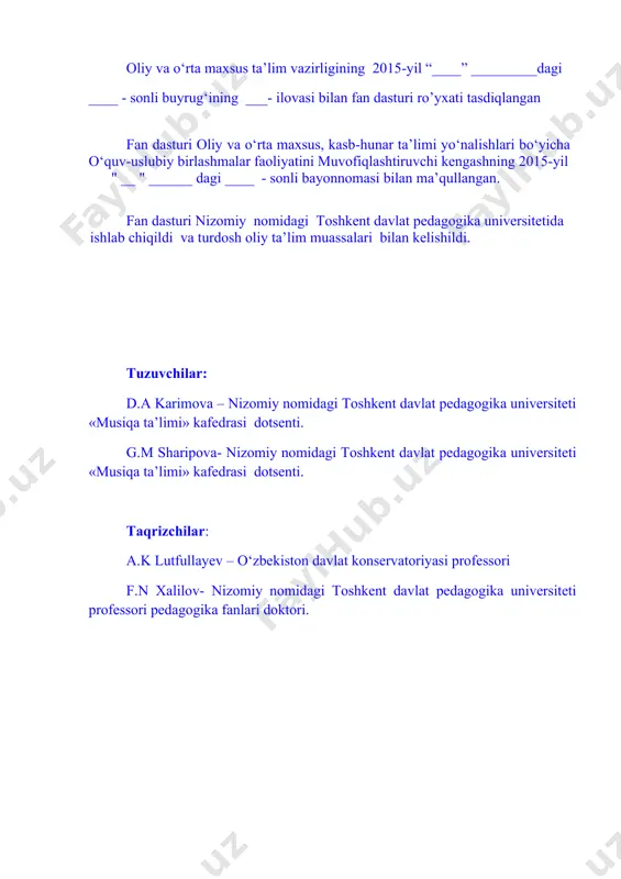 iqiy ta’lim yo`nalishi talabalarini musiqa madaniyati o`qituvchisi amaliy faoliyatiga tayyorlaydi. metodika ta’lim – tarbiya jarayonida o`qituvchining o`quvchilar bilan ishlash usullarining mazmunini anglatdi. musiqa o`qitish metodikasi o`qituvchisidan isteg’dod, qobilyatlar va ishtiyoqlar mavjud bo`lishini talab etadi. fanning vazifalari - musiqa ta’limi va tarbiyasining mazmuni, tashkil qilinishi, turli shakllari va metodlari haqida asosiy mahlumotlar berish. musiqa ta’limi va tarbiyasi sohasidagi ilg`or tajribalarni umumlashtirish. darsdan tashqari musiqiy pedagogik amaliyot bo`yicha metodik adabiyotlarni mustaqil o`rganishga tayyorlash. maktab repertuari fanni maqsadi - bo`lg`usi bakalavrlarni musiqa madaniyati o`qituvchisi va kasb-hunar kollej faoliyatiga amaliy tayyorlashdan iborat, ushbu faoliyat musiqiy maktab repertuari, metodika va amaliyot ishlari egallash negizida amalga oshiriladi. maktab repertuari fanni vazifalari: talabalarni umumiy ta’lim maktabida ta’lim-tarbiya jarayonini o`quvchilarning musiqa sanhati va uning hayot bilan bog`lig`ligini jonli, yaxlit holda anglab yetishi asosida amalga oshirishga tayyorlash; maktab musiqa repertuari vokal-xor, musiqa tinglash bo`yicha asarlarni maktab musiqa pedagogikasi va metodikasi tamoyillariga tayangan holda metodist va ijrochi sifatida o`zlashtirish; musiqa …
