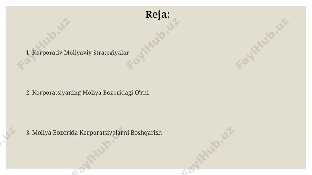 sishi bilan bog'liq. korporatsiyalar moliya bozorida xalqaro reyting agentliklari tomonidan o'zbekiston korporatsiyalarining kredit reytinglari o'rtacha 3 ballga oshdi, bu esa investorlarning ishonchini oshirdi. 2022-yilda o'zbekistondagi yirik korporatsiyalar moliya bozorida 50 milliard aqsh dollaridan ortiq investitsiyani jalb qildilar, bu esa iqtisodiy o'sishga ijobiy ta'sir ko'rsatdi. toshkent fond birjasida ro'yxatdan o'tgan korporatsiyalar soni 2023-yilning birinchi choragida 15% ga oshdi, bu esa moliya bozorining rivojlanishini ko'rsatadi. investor munosabatlari o'zbekistonning yirik korxonalaridan biri bo'lgan "uzavtosanoat" kompaniyasi o'z investorlari bilan muntazam ravishda uchrashuvlar o'tkazib, 2023-yil uchun moliyaviy hisobotlarini va kelajakdagi rejalari haqida batafsil ma'lumot beradi, shu bilan investorlarning ishonchini oshirishga harakat qilmoqda. 2022-yilda toshkent fond birjasida ro'yxatga olingan kompaniyalar investor munosabatlariga 15% dan ortiq mablag' sarflaganligi va bu investitsiyalar natijasida xorijiy investorlarning ishtiroki 20% ga oshganligi kuzatildi. aqsh va yevropa davlatlaridan kelgan 50 dan ortiq institusional investorlar "navoiyazot" kompaniyasining investor munosabatlari strategiyasini yuqori baholab, kompaniyaning shaffofligi va moliyaviy hisobotlarning aniqligi bilan qoniqishganini bildirishgan. moliyaviy hisobot …