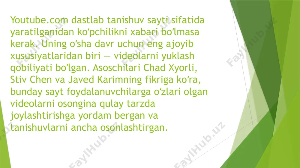 un video qidiruv tizimiga yoʻnaltirildi. 2010-yilda youtube tarixida yana ikkita muhim voqea yuz berdi: xulosa youtube bugungi kunda dunyodagi eng mashhur uchinchi sayt. ehtimol, qachondir youtube.com zamonaviy televizorlar oʻrnini egallaydi. youtubeʼda jonli tarzda tomosha qilishingiz mumkin boʻlgan onlayn konsertlar, maʼruzalar va seminarlarning translyatsiyalari mavjud va shu orqali videoblogerlar youtubeʼdan katta pul ishlashadi. etiboringiz uchun rahmat. image1.jpeg image2.jpeg image3.jpeg image4.jpeg image5.png image6.png image7.jpeg /docprops/thumbnail.jpeg