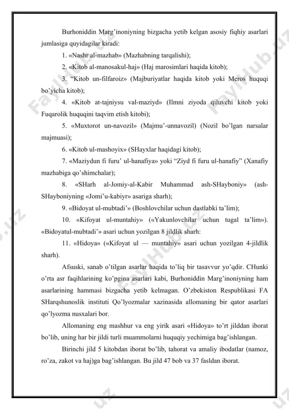 b olingan bolaning nasabini aniqlash, topib olingan narsa, qochib ketgan qullar, bedarak yo’qolganlar, sherikchilik va vaqf huquqi kabi masalalar kiritilgan. bu jild 60 bob, 36 fasldan tashkil topgan. uchinchi jildida (14 kitob) oldi-sotdi, pul muammolari, kafolat, pulni birovga o’tkazish, qozilarning vazifalari, guvohlik, berilgan guvohlikdan qaytish, vakolat, da’vo, iqror bo’lish, sulh, bir ishda pul bilan sherik bo’lish, pulni saqlashga berish, qarz berish, sovg’a, ijara, muayyan shart asosida cheklangan ozodlik berilgan qullar, voliylik (patronat), majbur qilish, homiylik, qisman ozod bo’lgan qullar va bosqinchilik xususidagi masalalar o’rin olgan. bu jildda 36 bob, 37 fasl bor. to’rtinchi jildida (76 kitob) esa shafoat, merosni taqsimlash, dehqonchilik hamda bog’dorchilik xususida shartnoma, qurbonlikka so’yishadigan jonzod haqida, umuman qurbonlik qilish haqida, shariatga zid yomon narsalar haqida, tashlandiq yerlarni o’zlashtirish xususida, taqiqlangan ichimliklar haqida, ovchilik, garovga berish, jinoyatlar xususida, xun haqi to’lash, vasiyat kabi masalalar yoritilgan. bu jild 23 bob, 38 fasldan iborat. burhoniddin marg’inoniyning ilmiy merosi hozirda ham …