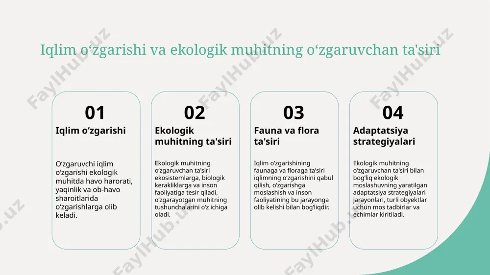 iyatga ega. ekologik tasir va faunanig moslashuv uchun oʻzgaruvchan iqlimning oʻzgaruvchanlik koʻrsatkichi 1 ekologik koʻrsatkichlar ekologik koʻrsatkichlar faunaning iqlimga moslashishi va oʻzgaruvchan iqlimning ekosistemlarga ta'sirini aniqlashda foydalaniladi. 2 faunaning moslashish echimlari faunaning iqlimga moslashishi uchun oʻzgaruvchan iqlimda turli hayvonlar va bitkilar oʻrtasida amaliy aloqalar kashf etildi. 3 ekologik oʻzgaruvchilik tushunchasi ekologik oʻzgaruvchilik koʻrsatkichi ekosistemlar va biologik kerakliklarning iqlimga moslashishi uchun qanday oʻzgarishlarga olib kelishi haqida maʼlumotlar beradi. iqlim oʻzgarishining ekologik foydali va zararli jihatlari iqlim oʻzgarishining ekologik foydali va zararli jihatlari oʻrtasida tashqi faktorlar, tabiat tizimi va insaniy faoliyatning oʻzgarishlari katta ahamiyatga ega. bu jihatlar orqali, ekologik qonunlar va davlat sohasida qaror qabul qilishning zarurati koʻrsatiladi. photo by zeihlund on unsplash faunaning iqlimga moslashishi uchun turli strategiyalari adaptatsiya hayvonlar iqlim oʻzgarishiga moslashish uchun harakat qilish va oʻzgaruvchan muhitga moslashish muammosini hal qilish bilan bogʻliq turli texnikalar va rivojlanishlarni oʻz ichiga oladi. muhofaza hayvonlar iqlimga moslashish uchun muhofaza saqlash, oʻzaro aloqalar …