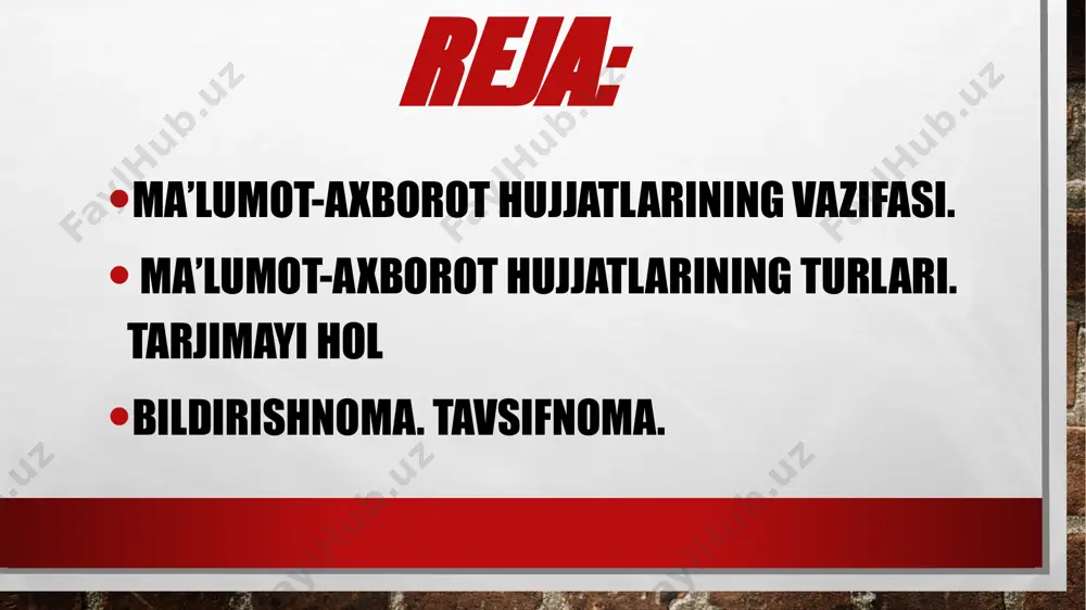 ismlari: 1. bildirishnoma yo‘llangan rahbarning lavozimi, ismi va ota ismining bosh harflari hamda jo‘nalish kelishigidagi familiyasi. 2. bildirishnoma tayyorlagan shaxsning lavozimi, ismi va ota ismining bosh harflari hamda chiqish kelishigidagi familiyasi. 3. matn sarlavhasi. 4. hujjat turining nomi (bildirishnoma). 5. bildirishnomaning matni. 6. qancha varaqligi ko‘rsatilgan ilovar ro‘yxati (agar ilovalar bo‘lsa). 7. bildirishnoma tayyorlovchi xodim yoki rahbarning imzosi. 8. bildirishnoma taqdim etilgan sana. tarjimayi hol tarjimayi hol ma’lum bir shaxs tomonidan o‘z shaxsiy hayoti va faoliyati haqida bayon qilingan yozuvdir. tarjimayi hol bir xil andozaga ega emas, mufassal yoki muxtasar yozilishi mumkin. u muallif tomonidan mustaqil tuziladigan hujjatdir. garchi u erkin (ixtiyoriy) tuzilsa-da, biroq tarjimayi holda ayrim qismlarning bo‘lishi shart. i shaxs birlikda yoziladi. o‘tgan va hozirgi zamon fe’llari ishlatiladi tavsifnoma ma’lum bir shaxsning mehnat va ijtimoiy faoliyati, shuningdek uning o‘ziga xos xislati va fazilatlarini aks ettiruvchi rasmiy hujjatdir. tavsifnoma muassasa ma’muriyati yoki jamoat tashkilotlari tomonidan xodimga bir qancha maqsadlar …
