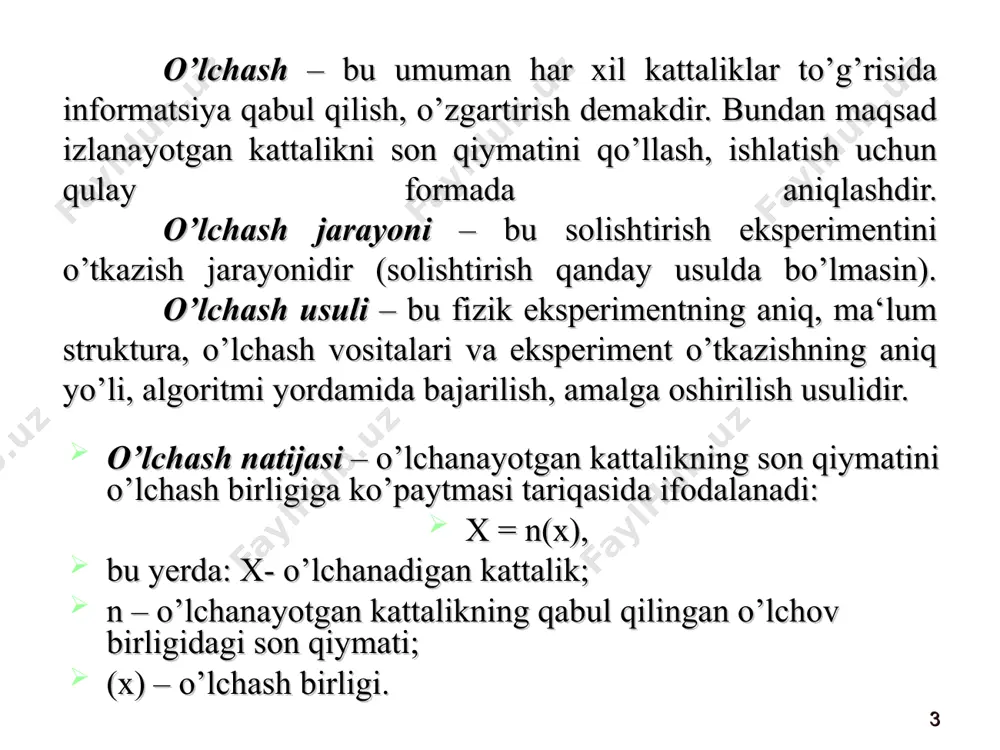 ng turi hisoblanib, o’lchanayotgan kattalikning va o’lchov orqali yaratilgan kattalikning ayirmasini (farqini) o’lchash asbobiga ta‘sir qilishdir. misol qilib uzunlik o’lchovini qiyoslashda uni komparatorda namunaviy o’lchov bilan taqqoslab o’tkaziladigan o’lchash yoki, voltmetr yordamida ikki kuchlanish orasidagi farqni o’lchash, bunda kuchlanishlardan biri juda yuqori aniqlikda ma‘lum, ikkinchisi esa izlanayotgan kattalik hisoblanadi. ∆u=u0-ux; ux=u0-∆u nolga keltirish usuli – bu ham o’lchov bilan taqqoslash usulining bir turi hisoblanadi. bunda kattalikning taqqoslash asbobiga ta‘siri natijasini nolga keltirish lozim bo’ladi. masalan, elektr qarshiligini qarshiliklar ko’prigi bilan to’la muvozanatlashtirib o’lchash. * o’rindoshlik usuli – o’lchov bilan taqqoslash usulining turi hisoblanib, o’lchanayotgan kattalikning o’lchov orqali yaratilgan ma‘lum qiymatli kattalik bilan o’rin almashishiga asoslangan. mos kelish usuli – o’lchov bilan taqqoslash usulining turi. o’lchanayotgan kattalik bilan o’lchov orqali yaratilgan kattalikning ayirmasini shkaladagi belgilar yoki davriy signallarni mos keltirish orqali o’tkaziladigan o’lchash. masalan, kalibr yordamida val diametrini moslash. * statik va dinamik o‘lchash usullari. o‘lchanadigan kattalikni o‘lchash jarayonida o‘zgarish xarakteriga …