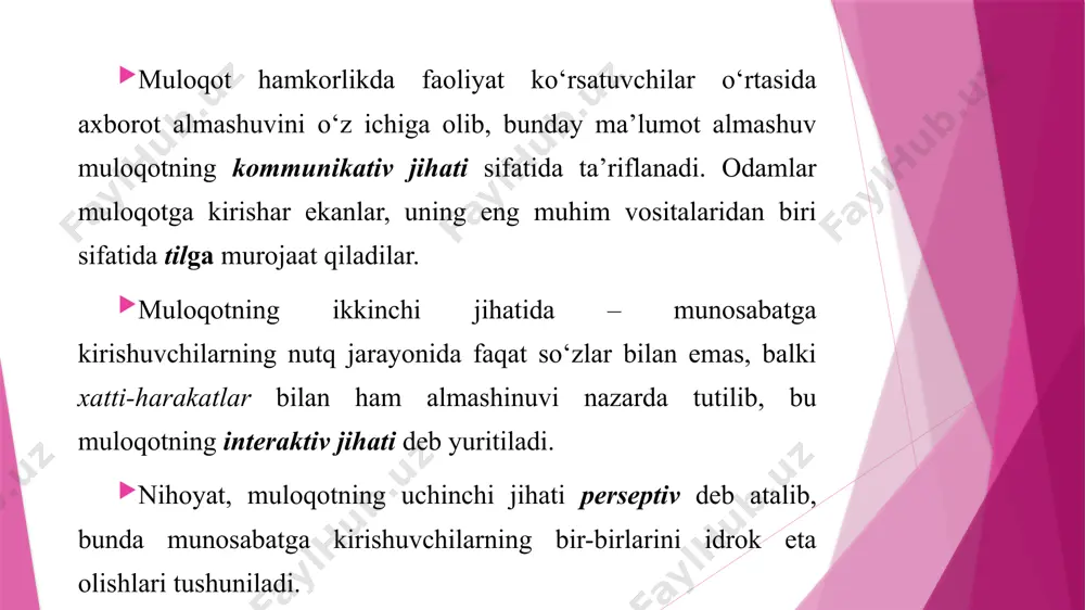 ojlarni qondirish vositasi sifatida namoyon bo‘ladi. muloqot vositasiga ko‘ra bevosita va bilvosita bo‘lib, bunda jonli mavjudotning tabiiy organlari yordamida ya’ni qo‘li, boshi, tanasi, tovushi yordamida axborot ayirboshlasa – bu bevosita bo‘ladi, agar muloqotni tashkillashtirish va ma’lumot almashishda maxsus qurol va vositalardan foydalanilsa – bu muloqot bilvosita deyiladi. ishbilarmonlik shaxsiy muloqot quydagi shaklida, usulida amalga oshadi. demokratik avtoritar liberal muloqotda manipulyasiya muloqot jarayonidagi manipulyasiyada suhbatdoshga ta’sir ko‘rsatib, uning xohishiga qarshi ravishda o‘z fikriga ko‘ndiriladi. bunda biryoqlama ustunlikka erishiladi. manipulyasiya shakllari: ijobiy, salbiy, bevosita, bilvosita. manipulyasiyaning universal iboralari: men sizdan buni kutmagandim…. sizning o‘rningizda men bunday qilmasdim men ishonaman, bu qo‘lingizdan keladi qobiliyatlaringiz sizga yordam beradi men sizga ishonaman…. siz tez fahmlay olasizku, qani bo‘ling! jamoa va gurux psixologiyasi guruh – ma’lum ijtimoiy faoliyat maqsadlari asosida to‘plangan, muloqot ehtiyojlari qondiriladigan insonlar uyushmasi bo‘lib, bunda ikkita asosiy mezon mavjud, ya’ni biror faoliyatning bo‘lishligi (muloqot, o‘yin, o‘qish, mehnat) hamda u erda odamlarning o‘zaro muloqoti …