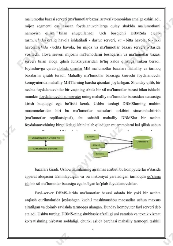 ning nisbatan soddaligi, chunki aslida barchasi mahalliy tarmoqni tashkil qilish va unga ulangan kompyuterlarga tarmoq kompyuterlarini o'rnatish bilan bog'liq. operatsion tizimlar... ma'lumotlar bazasi ma'lumotlar bazasining mahalliy va fayl-server versiyalari o'rtasida alohida farqlar mavjud emas, chunki ularda barcha ma'lumotlar bazalari foydalanuvchi kompyuterida to'plangan. ular odatda arxitekturada bir darajali, ammo ba'zi hollarda dastur serveridan foydalanishlari mumkin. fayl-server tizimlarining kamchiliklari tarmoqdagi katta yuk. masalan, mijoz kompyuterida ishlaydigan foydalanuvchi kutubxonada mavjud bo'lgan kitoblardan biri haqida ma'lumot topishi kerak bo'lsa, unda barcha kitoblar to'g'risidagi ma'lumotlarni o'z ichiga olgan butun fayl avval tarmoq orqali uzatiladi va shundan keyingina shu erda yaratilgan yo'l mahalliy nusxa ma'lumotlar kerakli ma'lumotlarni qidiradi. bir necha o'nlab foydalanuvchilarning ma'lumotlari bilan intensiv ishlashda ishlab chiqarish tarmoq etarli bo'lmasligi mumkin va foydalanuvchiga uning talablariga mbb javobining jiddiy kechikishi g'azablantiradi. fayl server dbms nisbatan muvaffaqiyatli ishlatilishi mumkin kichik tashkilotlar bir necha o'nlab mijozlar soni bilan. mijoz-server (ikki pog'onali) tizimlar tarmoqdagi yukni sezilarli darajada kamaytiradi, chunki …