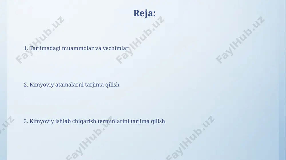 arajasi 99,97% ga teng bo'lishi) uchun to'g'ri tarjimalarning mavjudligi, samarqanddagi kimyoviy zavodlarda ishlab chiqarish jarayonlarining xavfsizligini ta'minlashda muhimdir. kimyoviy xavfsizlik bo'yicha 150 dan ortiq atama va iboralarni o'z ichiga olgan lug'at 2023-yilda toshkent shahrida nashr etilgan bo'lib, unda xalqaro standartlarga mos keladigan tarjimalar keltirilgan. tarjimadagi noaniqliklar va ularni bartaraf etish usullari ingliz tilidan o'zbek tiliga organik kimyoviy birikmalar nomlarini tarjima qilishda, 20 dan ortiq xatoliklar 2023 yilgi tadqiqotda aniqlangan, bu esa taxminan 30% ni tashkil etadi. kimyoviy atamalarni tarjima qilishda 10% ga yaqin noaniqliklar toshkentdagi olimlar tomonidan aniqlangan bo'lib, ularning 5%i terminologiya farqlaridan kelib chiqadi. kimyoviy tahlil va sinovlar terminologiyasini tarjima qilish toshkent shahridagi kimyoviy zavodlarda ishlab chiqarilgan 7 xil mahsulotning kimyoviy tarkibi haqidagi texnik hujjatlarning rus tilidan ingliz va o'zbek tillariga tarjimasi uchun malakali kimyogar-tarjimonlar talab etiladi. kimyoviy tahlil va sinovlar terminologiyasini tarjima qilishda, 200 dan ortiq xalqaro standartlarga, jumladan, iso 17025 (sinov va kalibrlash laboratoriyalari uchun) standartlariga muvofiq …