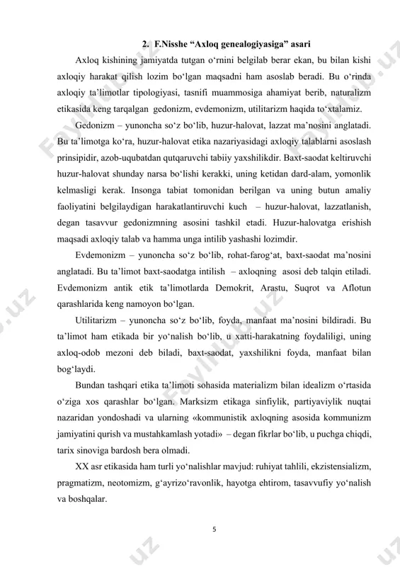 ki tuyg‘ularini, hissiyotlarini o‘stirib, umuminsoniy moddiy va ma’naviy qadriyatlarini anglab etish, ularni asrash va kelgusi avlodlarga etkazib berish yo‘llaridan eng afzali; 1. oila va kundalik turmushda mavjud bo‘lgan oilaviy burch, o‘zaro hurmat, sadoqat, or-nomus kabi an’analarni nasldan-naslga, avloddan-avlodga o‘tkazish asosida davom ettirish vositasi; 1. adolatli jamiyat qurish va unda boy-badavlat, tinch-totuv, baxtli yashash g‘oyasi sifatida muntazam ravishda rivojlanib kelgan va rivojlanadi. axloqning negizini jamiyatning tarkibiy tuzilishi, xususan, undagi mulkiy munosabatlar, mehnat taqsimoti, aholining yoshi va ularning ehtiyoj va manfaatlari belgilaydi. binobarin, o‘zbekiston respublikasi iqtisodiyotining asosini xilma-xil shakllardagi mulklar tashkil etayotgan bir vaqtda, uni rivojlantirishning ma’naviy-axloqiy negizlarini: 1. umuminsoniy qadriyatlarga sodiqlik; 1. xalqimizning ma’naviy merosini mustahkamlash va rivojlantirish; 1. insonning o‘z imkoniyatlarini erkin namoyon qilishi; 1. vatanparvarlik tashkil qiladi. shubhasizki, ana shu negizlar asosida o‘zbekiston xalqlarining yangicha mazmundagi ma’naviy-axloqiy dunyosi shakllanadi va qaror topadi. bu esa, o‘z navbatida xalqimiz axloqining negizini belgilab beradigan asosiy omillardan biri hisoblanadi. axloqning jamiyat xayotida tutgan …
