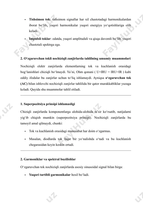igatellar va boshqa elektr uskunalarning ish faoliyati to‘g‘ri nazorat qilinadi. shunday qilib, davriy nosinusoidal zanjirlarni tahlil qilish faqat nazariy emas, balki amaliy jihatdan ham muhim bo‘lib, energetika tizimlarining ishonchliligini oshirishga xizmat qiladi. amplituda koeffitsienti va uning fizik mazmuni 1. amplituda koeffitsienti (𝑘ₐ) ta’rifi amplituda koeffitsienti — bu signalning maksimal (cho‘qqi) qiymati va uning samarali qiymati (rms — root mean square) o‘rtasidagi nisbatni ifodalaydi: 2. fizik mazmuni bu koeffitsient signalning maksimal kuchlanishi yoki toki bilan samarali (ishchan) kuchlanish yoki tok orasidagi munosabatni bildiradi. amplituda koeffitsienti orqali: · signal qanchalik o‘zgaruvchan ekani; · uning energetik samaradorligi; · tashqi qurilmalarga qanday ta’sir qilishi aniqlanadi. 3. tok shakli va samaradorlikka ta’siri 2. fizik mazmuni va ta’siri shakl koeffitsienti signalning: · energetik ta’sirini (issiq chiqishi), · termik ta’sirini (jismga issiqlik o‘tkazishi), · signal shaklining silliqligi yoki keskinligini ko‘rsatadi. agar shakl koeffitsienti katta bo‘lsa, bu signalda ko‘proq energiya borligini bildiradi. 3. elektr qurilmalar uchun ahamiyati shakl …