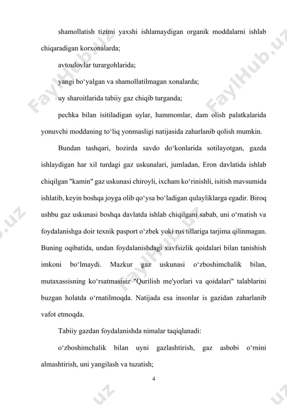 qanday ko‘rsatiladi? barcha holatdagi og‘ir zaharlanishlarda zudlik bilan tez tibbiy yordam chaqirish zarur. shifokor yetib kelgunga qadar quyidagilarni amalga oshirish kerak: jabrlanuvchini zudlik bilan gazlangan hududdan toza havoga olib chiqish kerak; jabrlanuvchining qo‘l va oyoqlarini ko‘tarilgan holatda yotqizish; nafas olishiga xalaqit beruvchi barcha narsalarni yig‘ishtirish (tugmalarni yechib, yoqani ochish, kamarni bo‘shatish va boshqalar); jabrlanuvchining uxlab qolmasligini nazorat qilish. jabrlanuvchini yurgizish taqiqlanadi; jabrlanuvchi nafas olmayotgan bo‘lsa, unga toza havoda yoki havosi yaxshi aylanadigan xonada sun'iy nafas oldirishni boshlash lozim; nashatir spirtini hidlatish; hushiga kelgan vaqtida yiqilib, jarohatlanmasligi uchun choralar ko‘rish; jabrlanuvchining holati yaxshi bo‘lsa, issiq choy yoki qahva ichirish; kislorod yostig‘i yordamida kislorod berish. is gazidan zaharlanish — inson organizmiga is gazi kirishi oqibatida rivojlanadigan o’tkir patologik holat bo’lib, hayot va salomatlik uchun xavflidir va malakali tibbiy yordamsiz o’limga olib kelishi mumkin. is gazi atmosfera havosiga barcha turdagi yonish jarayonlarida ajralib chiqadi. shaharlarda shuningdek asosan ichki yonuv dvigatellaridan chiqadigan gazlar orqali. …