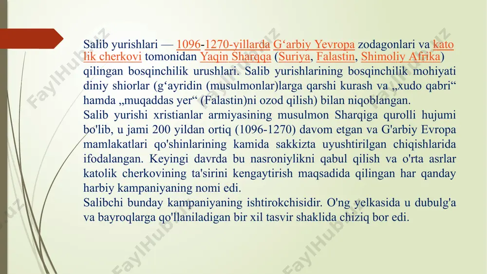 qilishgan . ammo bir yil ichida bu qo'shin yo'lda uchrashgan vengerlar, keyin esa turklar tomonidan yo'q qilindi. kambag'allar olomoniga ergashib, yaxshi o'qitilgan ritsarlar salib yurishiga chiqdilar. 1099 yilga kelib ular quddusga etib kelishdi, shaharni egallab, ko'p sonli aholini o'ldirishdi. ushbu voqealar va quddus qirolligi deb nomlangan hududning shakllanishi birinchi kampaniyaning faol davrini tugatdi. keyingi istilolar (1101 yilgacha) bosib olingan chegaralarni mustahkamlashga qaratilgan edi. ikkinchi salib yurishi (1147—1150)—yevropadan boshlangan ikkinchi yirik salib yurishi edi. ikkinchi salib yurishi 1144-yilda edessa grafligining imodaddin zengi qoʻshinlari tomonidan magʻlub etilishiga javob tariqasida boshlangan. graflik birinchi salib yurishi paytida (1096-1099) 1098-yilda quddus qiroli boldvin i tomonidan tashkil etilgan. u birinchi salibchilar davlati sifatida tashkil etilgan edi, ammo birinchi boʻlib magʻlubiyatga uchraydi. ikkinchi salib yurishi rim papasi yevgeniy iii tomonidan eʼlon qilingan va yevropa qirollari, yaʼni fransiya qiroli lyudovik vii va germaniya qiroli konrad iii tomonidan boshqarilgan hamda boshqa bir qator yevropa zodagonlari tomonidan qoʻllab quvvatlangan. ikki …