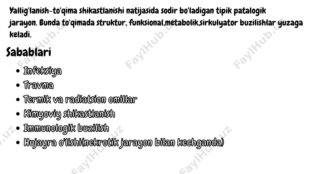 allig'lanishning maxsus tipi sabablarisabablari infeksion noinfeksion granuloma shakllanish bosqichlari 1.makrofaglar antigenni qayta ishlab uni mhc ii orqali cd4 helper t hujayralarga prezintatsiya qiladi. 2. bu o'zaro ta'sir makrofaglardan il-12 ajralishiga cd4+ helper t hujayrlarni th1 subtipiga differensiyalanishiga olib keladi. 3.th1 hujayralar makrofaglarni dastlab epitelioid va multinuklear gigant hujayralarga o'zgartiruvchi ifn va tnf ajratadi. granulomatoz kasalliklargranulomatoz kasalliklar tuberkuloz cat-scratch isitmasi zaxm moxov zamburug'li infeksiyalar parazitik infeksiyalar yot tanalar sarkaidoz e'tibor uchun rahmat.e'tibor uchun rahmat.