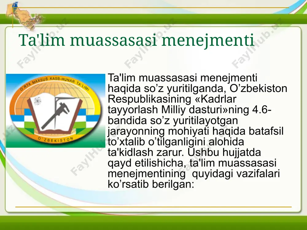 lik, zamonaviylik va yakuniy natijani kafolatlanganlik prinsipi tajribada sinalgan, yaxshi natija berishga mos bo'lgan ta'lim-tarbiyaning shakl, metod, vositalari faol metodlarini doimiy ravishda ilmiylikka yo'llashni talab etadi. o'qituvchi-tadqiqotchi uzluksiz izlanishi didaktik ma'lumotlarni oqilona qo'llash malakasiga ega bo'lishi mumkin. maktab tajribasida ilmiy asoslangan didaktik yangiliklarni qo'llash, zamonaviylikni e'tirof etadi. pedagogika nazariyasidagi yangi metod, metodlaridan foydalanish, ta'lim mazmuniga mos shakl metodlarini tanlash o'qitishni zamonaviylashtiradi. o'qitish jarayonining tuzilishi, uni loyihalash va loyihalash bosqichlari o'quv mashg'ulotini loyihalashtirishda o'qituvchi, avvalo, o'qitish jarayoninitahlil qilishi, o'quvchilarni mustaqil fikrlash, mustaqil o'qish bilimlarni ijodiy tahlil qilishga o'rgatishi, o'zlashtirilgan bilimlarni ko'nikmalarga aylantirish uchun o'quv mavzulari bo'yicha metodik tizimni yaratadi, o'quvchilar egallashi lozim bo'lgan bilim, ko'nikma, malakalar mazmunini ishlab chiqadi. yaratilgan metodik tizim va ma'lumotlar mazmuni yordamida o'quvchi tasavvur qilishi lozimlilarning o'quv-biluv faoliyatini tashkil etadi va o'quv mashg'ulotlari uchun bilish faoliyatining tashkiliy shakllari (nazariy dars, amaliy mashg'ulot)ni maqsadga mos tanlaydi va uni echishga yo'llaydi. buning uchun o'qituvchi, avvalo, o'qitish jarayonini, uning tuzilishi …