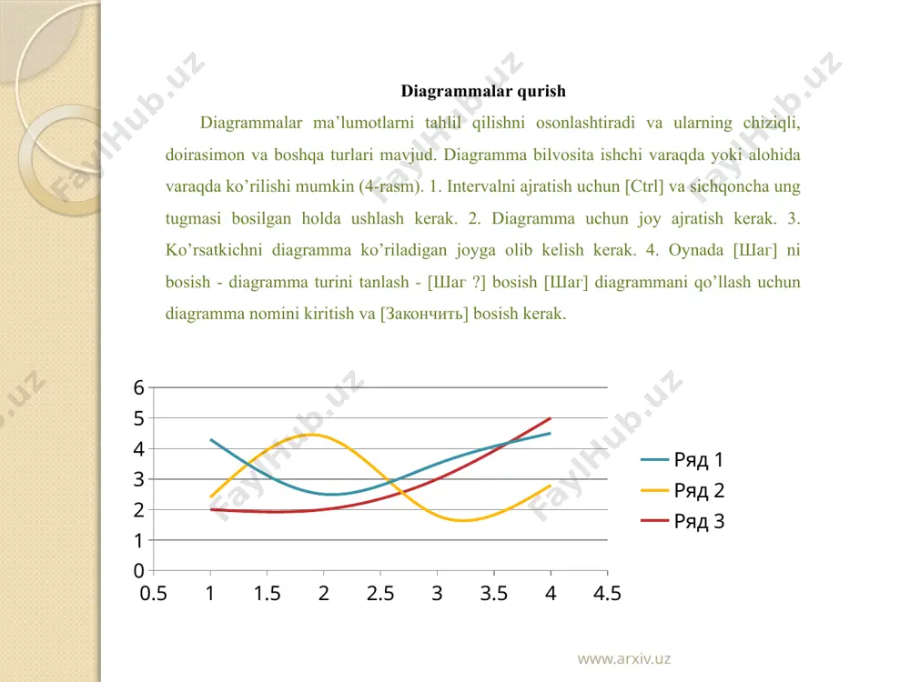 ham kiritish mumkin. formula doimo [=] bel­gisi bilan boshlanadi. ekranda formula odatda yacheykani tahrir­lash vaqtidagina ko’rish mumkin. aksincha formulaning echimi ekran­da ko’rinib turadi. formulani kiritish uchun: 1. [=] belgisini terish; 2. [+, -, *, /, %, ^, taqqoslash (=, ), &- tekstlarni birlashtirish]; 3. konstantalar, funktsiyalar va intervallarga murojaat qi­lishlardan foydalanish mumkin. mc excel www.arxiv.uz yacheyka va intervallarga murojaat qilish: 1. nisbiy murojaat - b20,a5,a1:b15. bular jadvaldagi boshlangichdan kerakli yacheykagacha qa­damlar miqdorini ko’rsatadi. 2. absolyut murojaat - $b$20,$a$5,$a$1:$b$15. 3. murojaatni qulda terish orqali kiritish mumkin, muroja­atdan oldin formula kiritish ham mumkin, undan keyin yacheykani yoki intervalni ajratish va formula kiritishni davom ettirish mumkin. www.arxiv.uz 4. murojaatni bekor qilish uchun [f4] yoki kursor yo’naltir­gichlaridan birini bosish kerak. 5. ekranga formulalarni chiqarish va yo’qotish uchun [ctrl +] yoki menyu [сервис] - [параметры] - [вид] - [formulы] (faqat ajratilgan varaqlar uchun). eslatma: 1. boshqa varaqga murojaat: - list 2!a5; 2. ustunlar va qatorlarni …