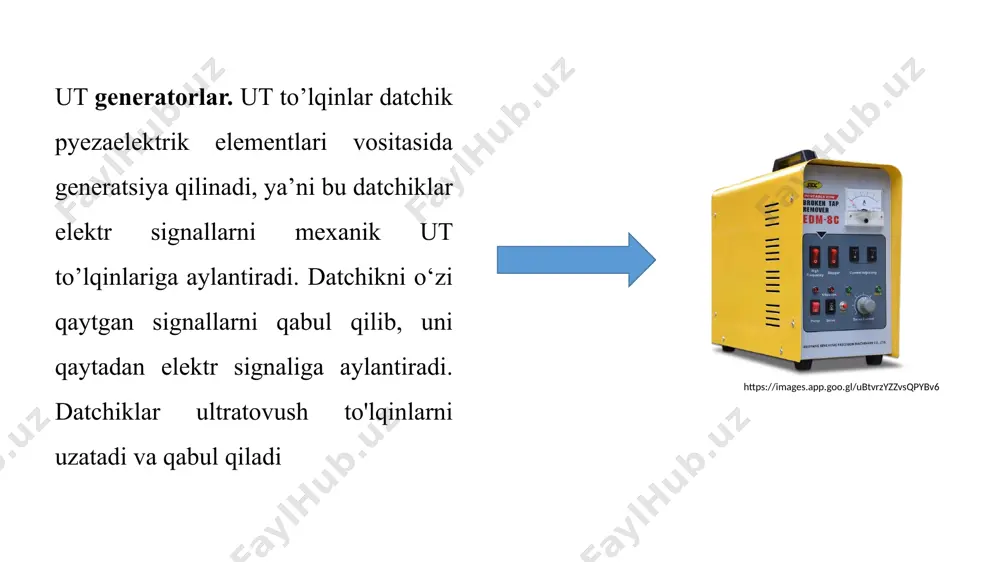 chakdagi, umuman qayerda bo’lmasin, gazlar turlicha exografik fenomen hosil qiladi uzi nima? ultratovush tekshiruvi jarayonida yuqori chastotali tovush to’lqinlari bachadonga yuboriladi. boladan qaytgan tovushlar va aks sado kompyuter tomonidan tarjima qilinib ekranda bolaning joylashishi va harakatlari namoyon bo’ladi. suyak kabi qattiq jismlar ko’proq to’lqin qaytargani sababli oq rangda ko’rinadi, yumshoqroq jismlar esa kulrang va ola tusda bo’ladi. bolani o’rab turgan suvlar kabi suyuqliklar aks sado qaytarmaydi va qora rangda ko’rinadi. mana shu uch rang orasidagi kontrast orqali shifokor-mutaxassis ko’rinishlarni taxlil qiladi. ko’pgina ota-onalar ultratovush tekshiruvini intiqlik bilan kutadilar, chunki bu ularga bo’lajak farzandlari bilan ilk tanishuv imkonini beradi. ultratovush qurilmasining tarkibiy qismlari: monitor. generator qabul qiluvchi qurilmasi. datchik. printer. kabel. ulanish manbasi https://images.app.goo.gl/jartgzzozpedjezh6 qurilmani boshqa joyga ko'chirish va o‘rnatish uchun: manbani o‘chiring va periferik mexanizmni ulang. sistemani qo’lqop bilan ushlagan holda aralashtiring. qurilmani xohlagan holatda o‘rnating orqadan va mashinaning ikkala tomonidan 20 sm bo‘sh joy qoldiring https://images.app.goo.gl/mvqm3qcqggmljsqpa manbani o‘chirish. qurilmadan …