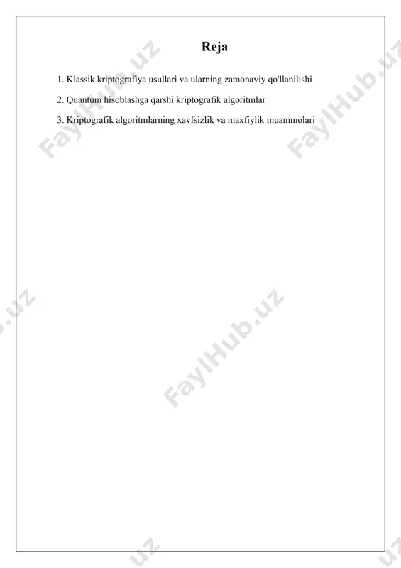 a keltiradi. shifrlashdan qaytarish esa shifrlangan matnni yana oddiy matnga aylantirish jarayonidir. simmetrik kalitli kriptografiyada bir xil kalit shifrlash va shifrlashdan qaytarish jarayonlari uchun ishlatiladi, masalan, aes (advanced encryption standard). assimetrik kalitli kriptografiyada esa bir juft kalit – bir umumiy va bir shaxsiy kalit ishlatiladi. kriptografik algoritmlarning ahamiyati, ularning nojo'ya kirish va kiber tahdidlardan himoya qilish qobiliyatidan iborat. ular onlayn tranzaktsiyalarni xavfsiz qilishda, shaxsiy ma'lumotlarni himoya qilishda va aloqa maxfiyligini ta'minlashda muhimdir. shuningdek, dasturlar va tizimlarning yaxlitligi kriptografik texnikalarga tayangan holda, o'zgartirishlar va ruxsatsiz o'zgartirishlardan himoya qiladi. biroq, hozirgi kunda kriptografiya sohasida turli muammolar mavjud. masalan, algoritmlardagi zaifliklar, kvant hisoblash imkoniyatlari barchasini buzishi mumkin bo'lgan tahdidlar sifatida ko'rib chiqilmoqda. o'z navbatida, kalitlarni boshqarish bilan bog'liq murakkabliklar va hukumatning kuzatuvchi amaliyotlari xavfsizlik va maxfiylik o'rtasidagi muvozanatni saqlash masalasini keltirib chiqaradi. ushbu tadqiqotda kriptografik algoritmlarning klassik usullari va ularning zamonaviy qo'llanilishi, shuningdek, kvant hisoblashga qarshi kriptografik algoritmlar va ularning xavfsizlik va maxfiylik …