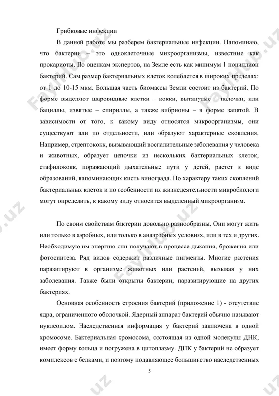 belkami, i poetomu podavlyayushee bolshinstvo nasledstvennix zadatkov – genov, vxodyashix v sostav xromosomi, «rabotaet», t.e. s nix neprerivno schitivaetsya nasledstvennaya informatsiya. bakterialnaya kletka okrujena membranoy, otdelyayushey tsitoplazmu ot kletochnoy stenki, obrazovannoy slojnim geteropolimernim veshestvom. sovokupnost vsex veshestv, sostavlyayushix soderjimoe kletki, nazivaetsya protoplastom. snaruji protoplast odet tsitoplazmaticheskoy membranoy. tsitoplazma bakteriy imeet zernistiy vid. v ney naxodyatsya ribosomi, osushestvlyayushie sintez belkov. krome ribosom v tsitoplazme bakteriy mojno obnarujit slojnie strukturi v vide samostoyatelnix telets – mezosom. mezosomi vipolnyayut funktsiyu apparata goldji. vse fermenti, obespechivayushie protsessi jiznedeyatelnosti bakteriy, diffuzno rasseyani po tsitoplazme ili prikrepleni k vnutrenney poverxnosti membrani. u mnogix mikroorganizmov vnutri kletki otkladivayutsya zapasnie pitatelnie veshestva – polisaxaridi, jiri, polifosfati. eti veshestva, vklyuchayas v obmennie protsessi, mogut prodlevat jizn kletki v otsutstvie vneshnix istochnikov energii. mnogie bakterii podvijni. organami dvijeniya u nix slujat jgutiki i tonkie palochkovidnie belkovie virosti – pili, ili fimbrii. bakterii razmnojayutsya deleniem nadvoe. posle reduplikatsii koltsevoy xromosomi i …