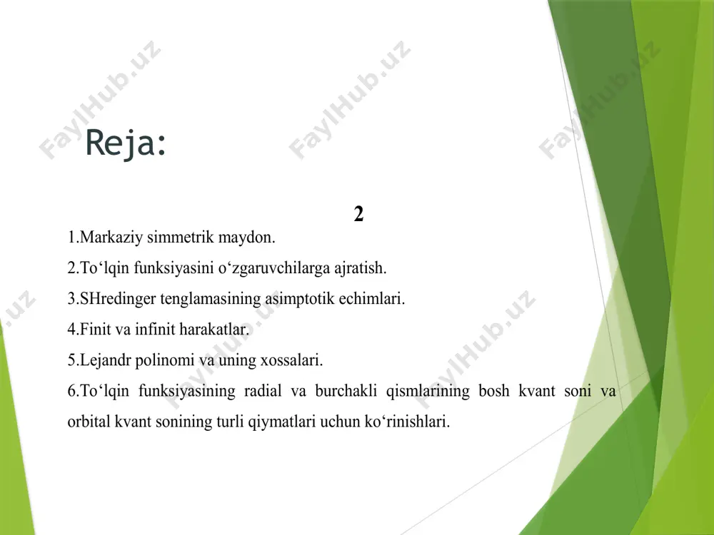 hida yozish mumkin.      0 21 22 2 2               rr r ree m dr rdr r dr d r n   (10.7) 0 sin 1 sin sin 1 2 2 2               y yy     (10.8) radial qismini ifodalangan tenglamada (10.7)da potensial energiya  re n mavjud. shuning uchun radial funksiya va energiyaning xususiy qiymati konkret markaziy maydonning ko‘rinishi(shakli) bilan aniqlanishini ko‘rib chiqamiz.(10.7) ni echish uchun quyidagi almashtirishlarni o‘tkazamiz:     2 2 2 dr rxd rrr r rx rr r   (10.9) bu almashtirishlardan so‘ng (10.7) quyidagi shaklni oladi.    0 2 222 2         r ree m dr rxd n  …