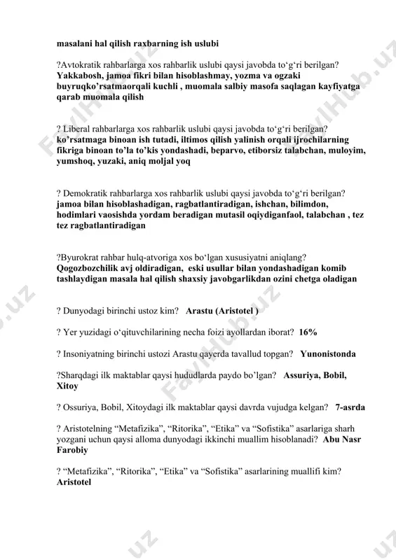 iziqishlari bilimi konikmalari mahorati tadbirkorligi va tashabbuskorligi ?boshqaruv uslubining ta’rifi qaysi? boshqaruv jarayonida yuzaga chiqadigan muammolarni hal qilish usuli ?boshqaruv jarayonida u yoki bu masalani hal qilishda rahbarning o‘ziga xos yondoshishi qanday ataladi? raxbarning ish uslubi ?rahbarning ish uslubi deb nimaga aytiladi? boshqaruv jarayonida u yoki bu masalani hal qilish raxbarning ish uslubi ?avtokratik rahbarlarga xos rahbarlik uslubi qaysi javobda to‘g‘ri berilgan? yakkabosh, jamoa fikri bilan hisoblashmay, yozma va ogzaki buyruqko’rsatmaorqali kuchli , muomala salbiy masofa saqlagan kayfiyatga qarab muomala qilish ? liberal rahbarlarga xos rahbarlik uslubi qaysi javobda to‘g‘ri berilgan? ko’rsatmaga binoan ish tutadi, iltimos qilish yalinish orqali ijrochilarning fikriga binoan to’la to’kis yondashadi, beparvo, etiborsiz talabchan, muloyim, yumshoq, yuzaki, aniq moljal yoq ? demokratik rahbarlarga xos rahbarlik uslubi qaysi javobda to‘g‘ri berilgan? jamoa bilan hisoblashadigan, ragbatlantiradigan, ishchan, bilimdon, hodimlari vaosishda yordam beradigan mutasil oqiydiganfaol, talabchan , tez tez ragbatlantiradigan ?byurokrat rahbar hulq-atvoriga xos bo‘lgan xususiyatni aniqlang? qogozbozchilik avj …