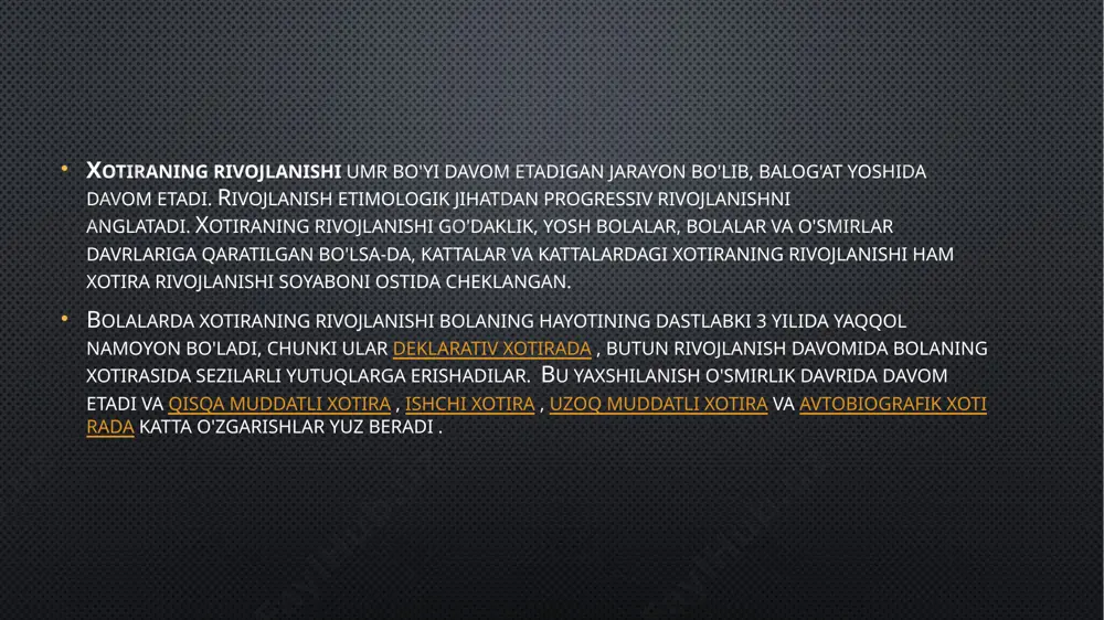ti yoshida, bolalar fonologik do'konda maksimal darajada ushlab turish uchun subvokal takrorlash jarayonidan foydalanishni boshlaydilar. rivojlanish davom etar ekan, eshitilmaydigan xotira materiali iloji bo'lsa, fonologik tsiklga mos keladigan fonologik kodga qayta kodlanadi. kichik bolalar (5 yoshgacha) vizual material uchun tezkor xotirani qo'llab-quvvatlash uchun vizual fazoviy eskiz panelidan foydalanishga kattaroq bolalar yoki kattalarga qaraganda ko'proq bog'liq bo'lishi mumkin. kattaroq bolalar iloji bo'lsa, rasmlarni og'zaki qayta kodlash strategiyasini qabul qiladilar, shuningdek, "vizual" xotira vazifasini bajarishda vositachilik qilish uchun fonologik tsikldan foydalanadilar. 5 yoshdan 11 yoshgacha bo'lgan davrda vizual xotira hajmi sezilarli darajada oshadi va aynan shu davrda kattalarning ishlash darajasiga erishiladi. e’tiboringiz uchun raxmat image2.png image3.png image4.png image5.png /docprops/thumbnail.jpeg