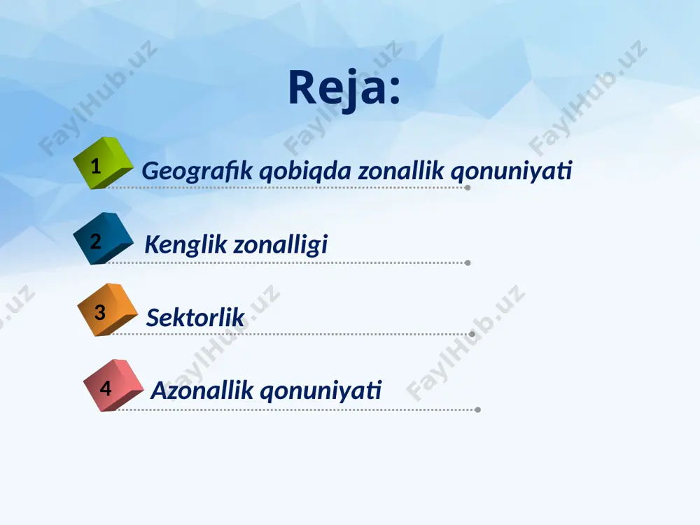 tizimlarning o‘zgarib borishi. azonallik qonuniyati zonallik qonuniyatidan farq qilib, yerning ichki jarayonlari va mahalliy omillar tufayli tabiat komponentlari va geotizimlarning o‘zgarishi. azonallikning omillari – yer yuzini qoplagan tog‘ jinslaridagi va relyef tuzilishidagi tafovutlar, grunt suvlari sathining relyef va tog‘ jinslarining suv o‘tkazuvchanlik xususiyatiga qarab o‘zgarishi, insonning xo‘jalik faoliyati va h.k. yer yuzasining nishabligi kichik bo‘lgan joylarda, odatda, grunt suvlarining sathi yuza joylashgan bo‘ladi. bunday sharoitda atmosfera yog‘inlari va atrofdan kelgan oqar suvlar hisobiga ortiqcha namlik to‘planib, botqoqliklar vujudga keladi. botqoqlik – ortiqcha namlik sharoitida doimo yoki uzoq vaqt zax bo‘lib yotadigan, namsevar o‘simliklar va torf qatlami (30 sm va undan ortiq) mavjud bo‘lgan yerlar. botqoqlarda o‘simlik ildizlari torf ostidagi tuproq-gruntga yetib bormaydi. cho‘l tabiat zonasida joylashgan o‘zbekistonda ham azonal omillar tufayli zonallik qonuniyati “buzilib”, o‘ziga xos landshaftlar shakllangan. qizilqum va ustyurtning botiq relyef shakllarida sho‘rxoklar vujudga kelgan. insonning xo‘jalik faoliyati ham tabiat zonalari ichida ularga xos bo‘lmagan, ya’ni “azonal” landshaftlarni …