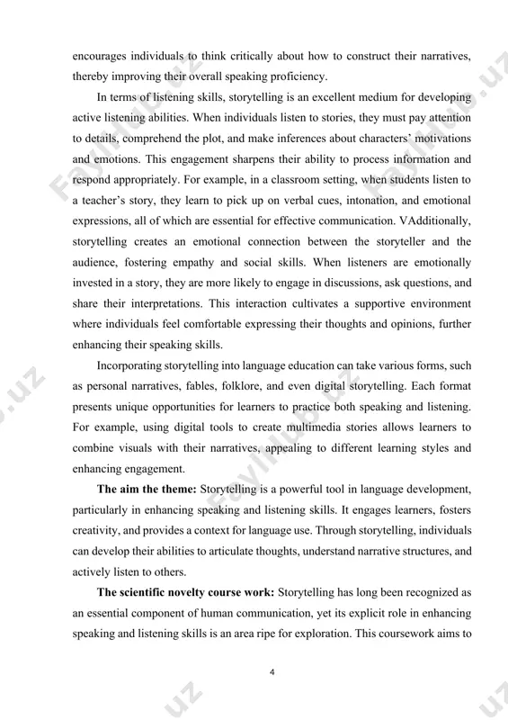 bulary and linguistic structures, thus improving their speaking and listening skills. this theory explores how humans understand and construct meaning through stories. by studying storytelling, researchers can gain insights into narrative structures, which can inform teaching methods that enhance learners’ abilities to articulate and comprehend spoken language. ii. main part 1. foundations of storytelling in language development. storytelling has been an essential part of human communication and cultural preservation for centuries, serving as a powerful means of conveying knowledge, beliefs, and traditions. in the context of language development, storytelling plays a foundational role in fostering listening and speaking skills, enhancing cognitive development, and enriching linguistic competence. its significance extends beyond simple narration, as it engages multiple cognitive processes, promotes interactive learning, and stimulates emotional and social growth. understanding the role of storytelling in language acquisition and its impact on linguistic skills provides valuable insights into effective educational strategies and language …