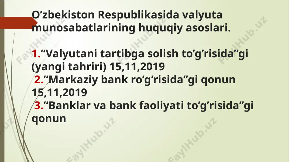 yuta kursi, real valyuta kursi. valyuta kurslari o’zgarishining erkinlik darajasiga ko’ra: qat’iy belgilangan valyuta kursi, chegaralangan egiluvchan valyuta kursi, suzuvchi valyuta kursi. harid quvvati paritetiga nisbatan: yuqori baholangan kurs, past baholangan kurs, paritet kursi. valyuta kursini o’rnatish jarayoni kotirovkalash deb yuritiladi. kotirovkalash- qonuniy normalarga va amaliyotga mos holda birjada chet el valyutasi kursi, qimmatli qog’ozlar kursini yoxud tovarlar bahosini o’rnatilishi yoki aniqlashnni kotirovkalash deb ataladi.bunda bazaviy valyuta va kotirovkalanadigan valyuta ishtirok etadi. m: 1aqsh doll. (bazaviy valyuta) =1,0462 shveytsariya franki (kotirovka valyuta). jahon amaliyotida ikki xil kotirovkalash turidan foydalaniladi. to’g’ri kotirovkalash- to’gri kotirovka bir birlik xorij valyutasiga to’g’ri keladigan valyuta (milliy) miqdorini ko’rsatadi. m-n: rossiya rubli uchun to’g’ri kotirovka usd/rr=78,95 rub teskari (egri) kotirovlakalsh– bir birlik valyuta (milliy) ga to’g’ri keladigan xorij valyutasi miqdorini ko’rsatadi. m-n: rr/usd=0,013 (1,04,20) valyuta bozorida banklar valyuta kursini kotirovka qilishda 2 tomon: -sotib olish kursi (bid) -sotish kursi (offer)dan foydalanishadi. valyuta sotib olish kursi (bid) …