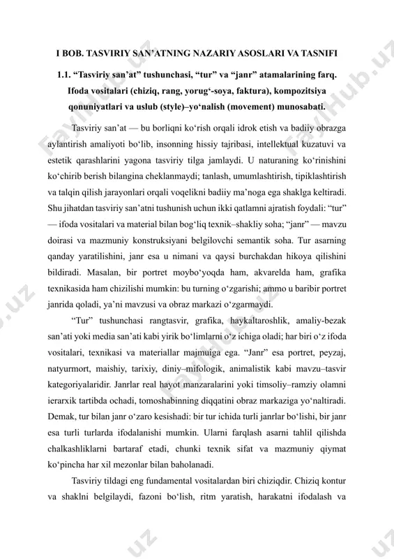 ti, simmetriya va assimetriya o‘yinlari, ritm va takror, bo‘shliq va to‘ldirish nisbatlari tomoshabinning nigohini kerakli marshrut bo‘ylab olib boradi. uchinchi qoidasi, diagonallar dinamikasi, oltin kesim yoki modul panjaralari kabi konstruktsiyalar tasvirni tartibga soladi; kadr chetlaridagi “vizual tortish” kuchlarini muvozanatlash esa asarning barqarorligini ta’minlaydi. rakurs va fazoviy chuqurlik vositalari — perspektiva, havoviy perspektiva, qatlamlash — tasvirga sahna tuyg‘usini beradi. soddaroq aytganda, kompozitsiya — bu mazmun uchun zarur bo‘lgan ko‘rish mantiqini qurish san’ati. uslub va yo‘nalish munosabatini anglash ham muhim. uslub (style) — muallifning yoki maktabning ifoda odatlari, vizual lug‘ati, forma va koloritga bo‘lgan doimiy tanlovi; yo‘nalish (movement) — mazkur uslublar jamlangan va ma’lum tarixiy–madaniy kontekstda paydo bo‘lgan badiiy oqim. masalan, impressionizm — yo‘nalish; uning doirasida turli mualliflardan kelib chiqqan, ammo nur–rang tebranishiga e’tibor qiladigan turli uslublar mavjud. yoki kubizm yo‘nalishi ko‘p rakursli tahlil va geometriyaga asoslangan bo‘lsa, uning ichida har bir rassomning uslubi shakl va rangni o‘zcha “aytadi”. demak, uslub — …